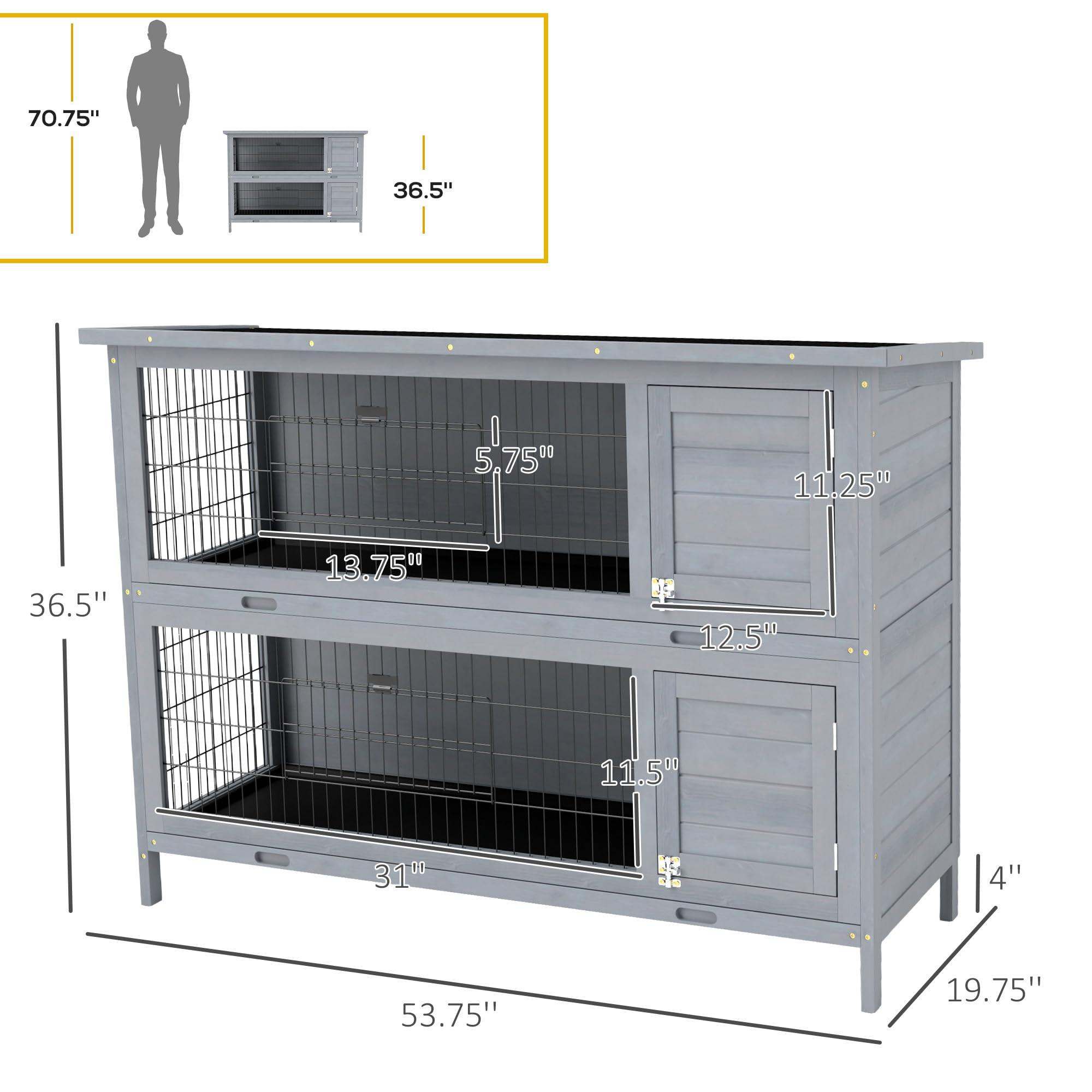 PawHut 54 2-Story Large Rabbit Hutch Bunny Cage Wooden Pet House Small Animal Habitat with Lockable Doors, No Leak Tray and Wate