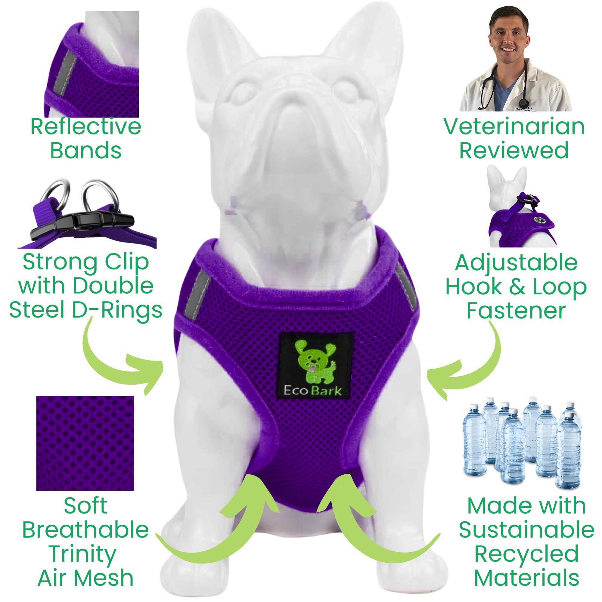 Ecobark Step In Dog Harness - Eco-Friendly Dog Harnesses For For Small & Medium Breed Dogs - Reflective And Adjustable Chest Body Halter Vest -Soft Luxurious Mesh (Purple, Xl)