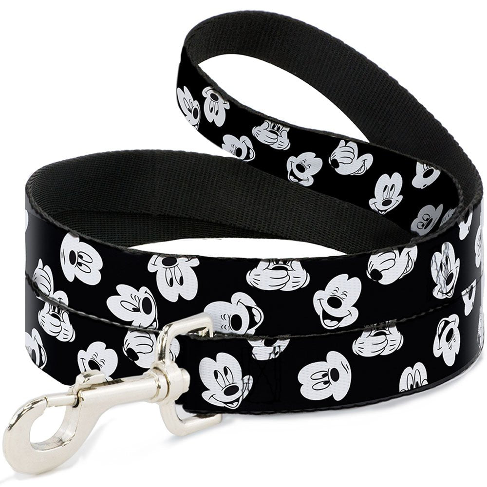 Buckle-Down Pet Leash - Mickey Mouse Expressions Scattered Black/White - 6 Feet Long - 1/2'' Wide