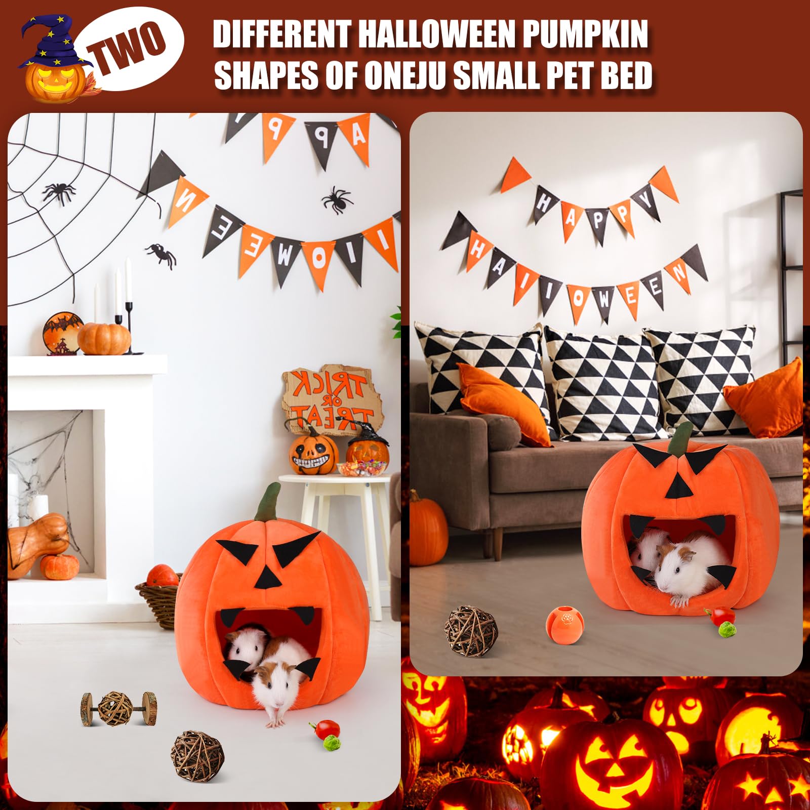 Oneju Guinea Pig Bed, Guinea Pig Hideout, Rabbit Bed, Bunny Hideout, Halloween Style Guinea Pig Bed For Guinea Pig, Bunny, Chinchilla, Ferret, Rabbit And Other Small Pets - Halloween Pumpkin