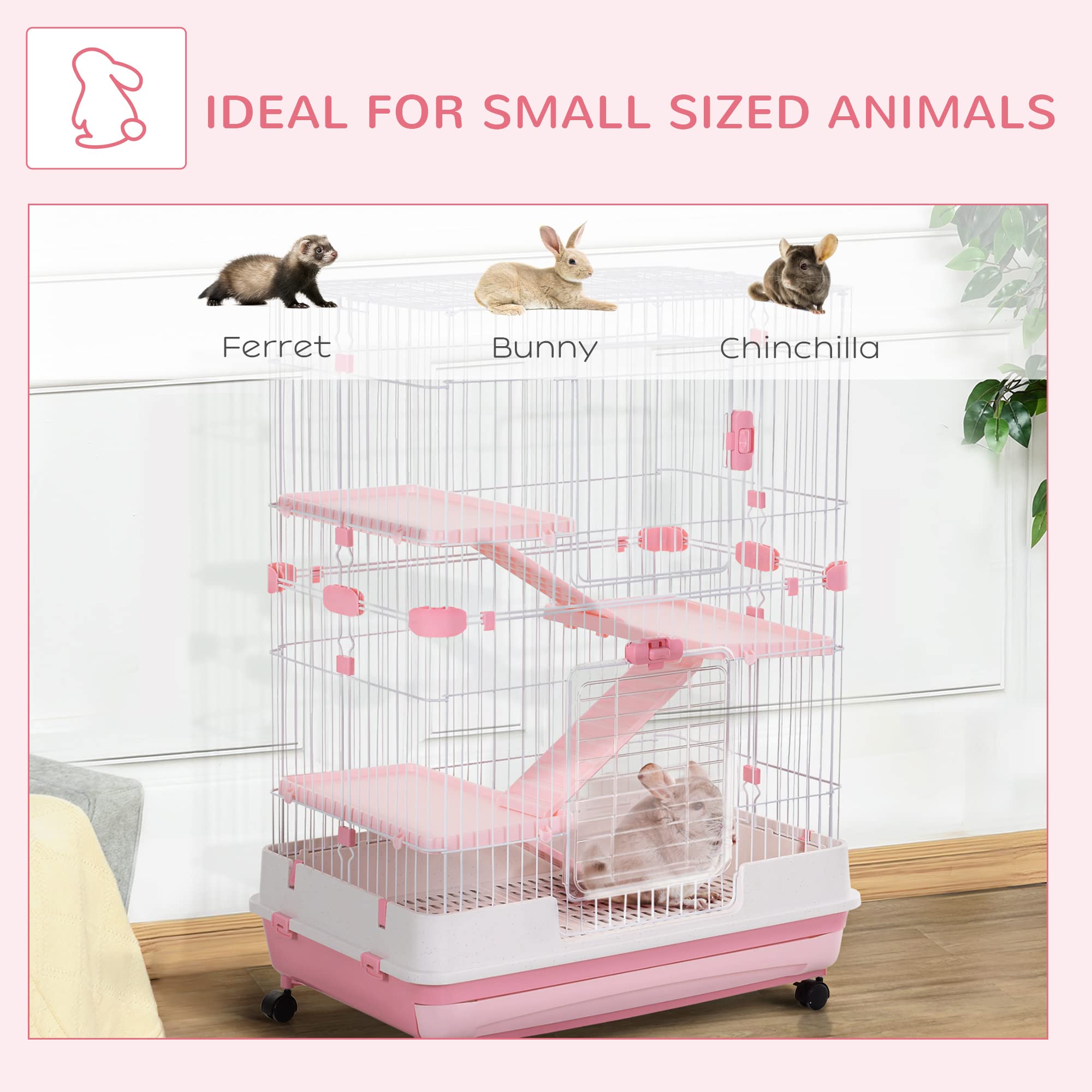 Pawhut 4-Level Small Animal Cage Rabbit Hutch With Wheels, Removable Tray, Platform And Ramp For Bunny, Chinchillas, Ferret, Pink