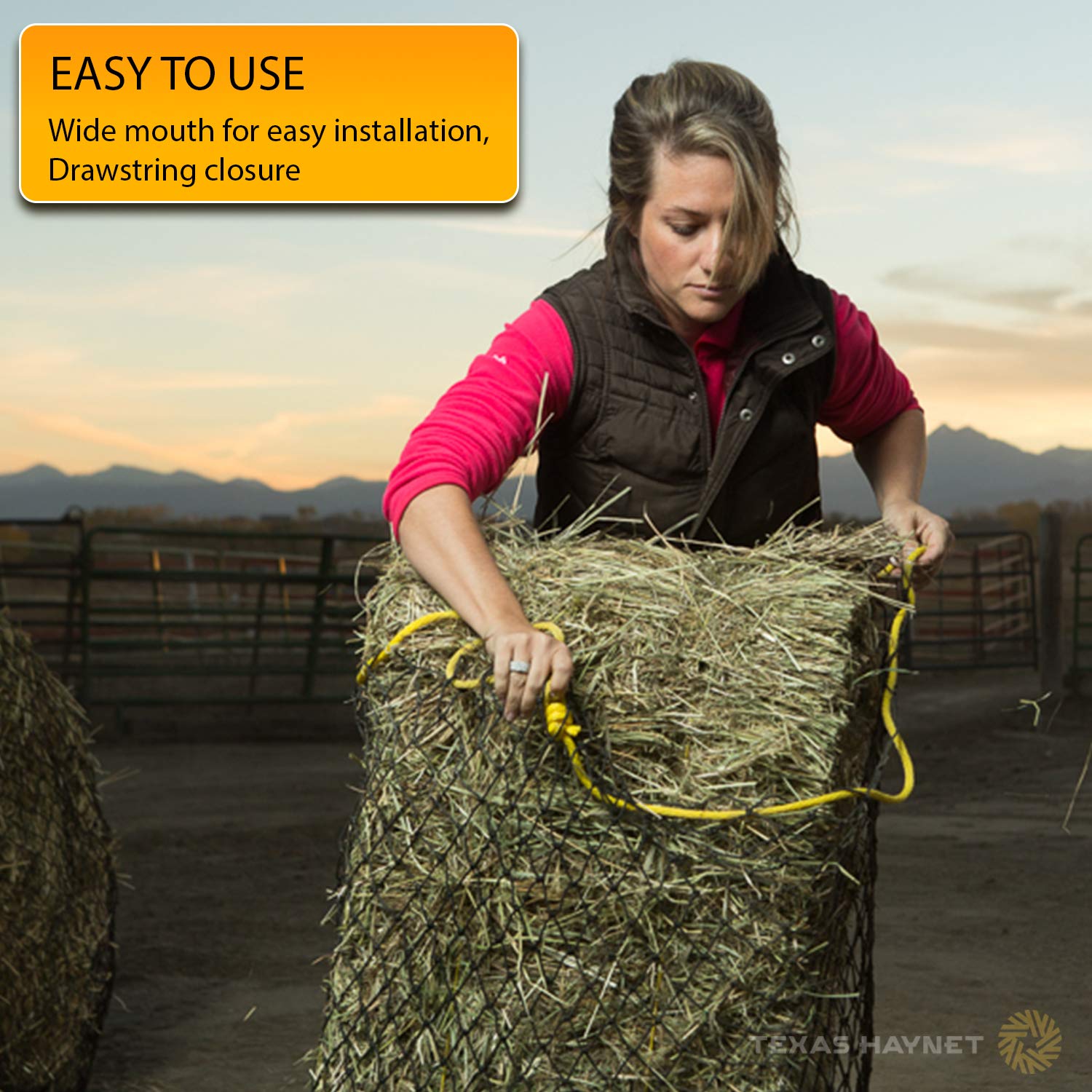 Texas Haynet - Square Net Hay Holder For Horses - Durable Nylon Square Bale Hay Net Slow Feed - American Made Hay Rope Net - Easily Fits Bales 36X18X18?With 1.5?Holes