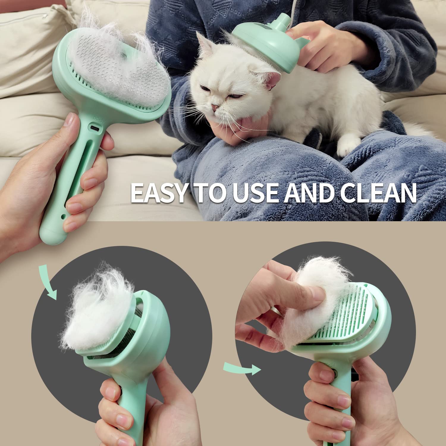 Pecait Cat & Dog Steam Brush - 3 in 1 Self Cleaning, Green, Metal Construction