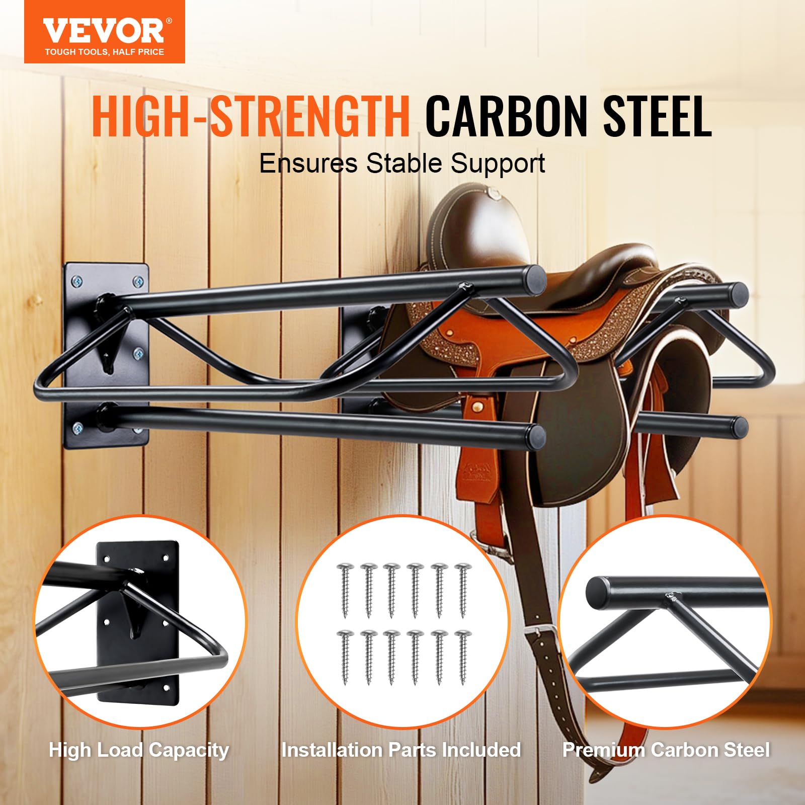 VEVOR Saddle Rack with Pad Bar, 23.8 x 12.6 x 10.2 in, 2 Packs Wall Mounted Saddle Stand, Heavy-Duty Steel Saddle Holder, Wester