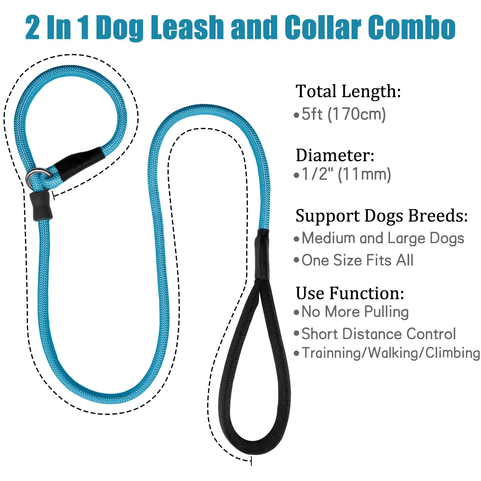 Strong Slip Rope Dog Training Leash (5Ft) - Heavy Duty Durable Braided Nylon Lead With Rubber Stopper & Padded Handle - No Pull