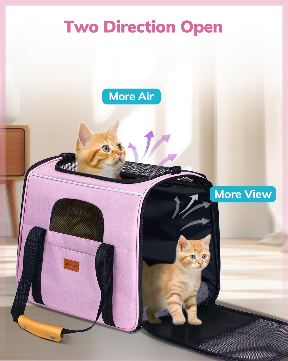 Morpilot Portable Cat Carrier - Soft Sided Cat Carrier For Medium Cats And Puppy Up To 15Lbs, Pet Carrier With Locking Safety Zippers, Foldable Bowl, Airline Approved Travel Dog Carrier - Pink