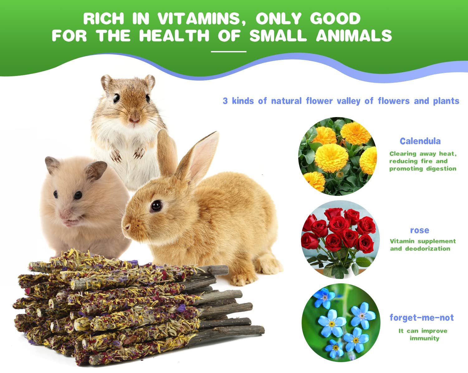 Abizoo Bunny Chew Toys for Rabbits,18PCS Natural Apple Wood Sticks with Petals Good for Chinchillas Guinea Pig Hamster Teeth Car