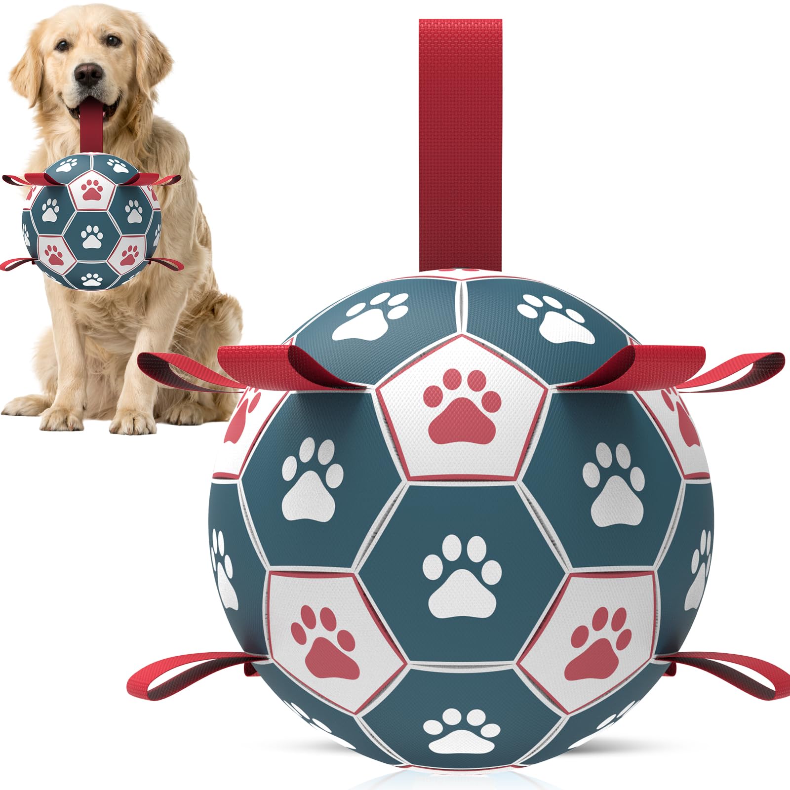 Qdan Dog Toys Soccer Ball With Straps:Durable Balls For Large Dogs, Outdoor Dog Toys, Puppy Birthday Gifts (8 Inch)