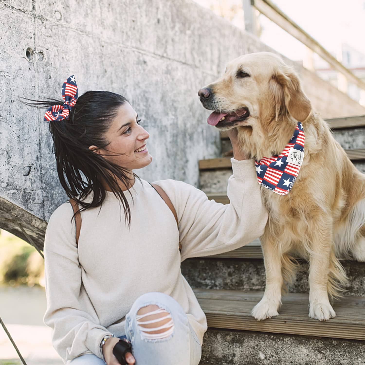 E-Clover 4Th Of July Dog Bandanas & Matching Scrunchie Set American Flag Dog Scarf Washable Patriotic Pet Bandana Kerchief Bibs