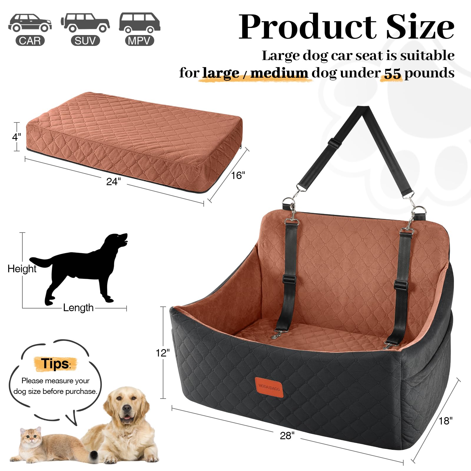 Wooaidagg Dog Car Seat for Medium & Large Dogs Up to 55lbs, Memory Foam Cushion, Washable Cover, Safety Straps & Non-Slip Bottom