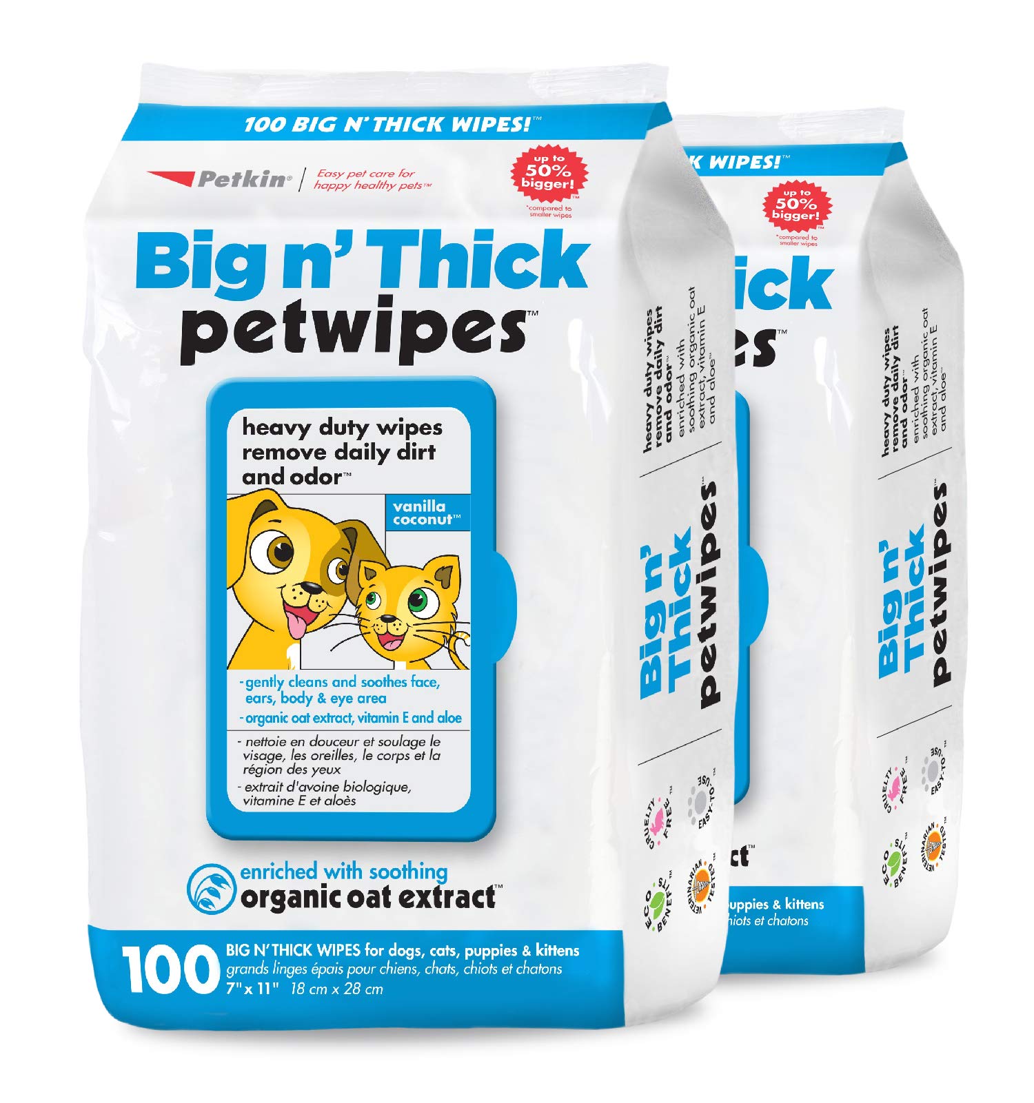 Petkin Large Pet Wipes For Dogs And Cats, 200 Count, Organic Oat Extract, Moistened With Gentle Cleaning Formula, Ideal For Home Or Travel