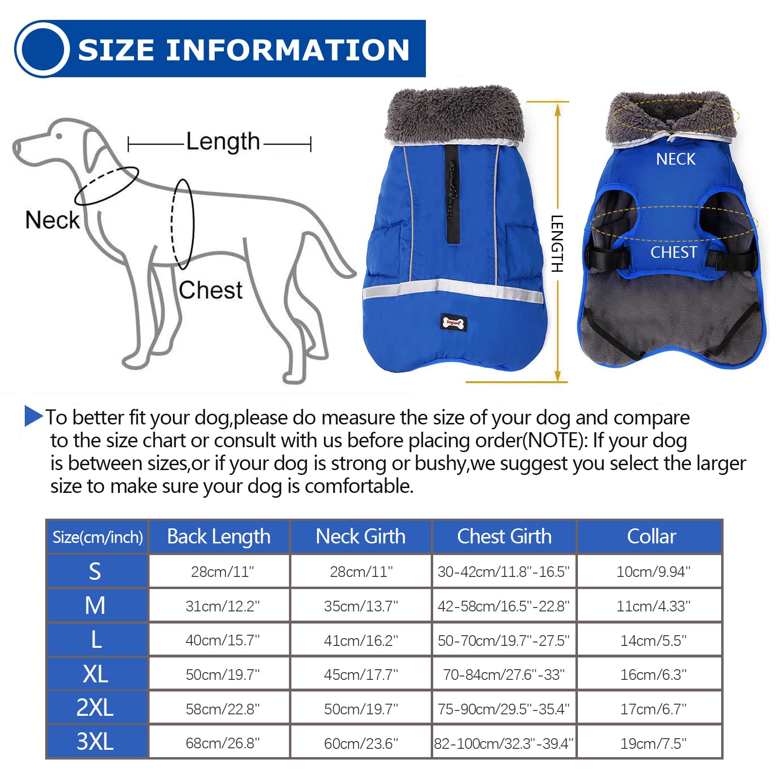 Qbleev Warm Dog Coat Reflective Dog Jacket, Waterproof Dog Winter Coat Turtleneck Dog Clothes For Cold Weather, Thick Fleece Lin