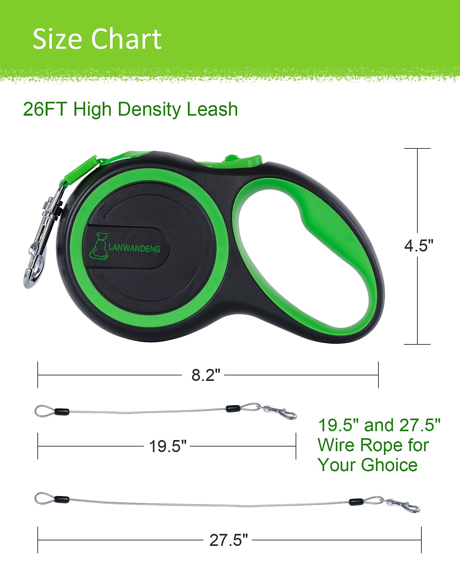 26Ft Long Chew Proof Retractable Dog Leash With 2 Heavy Duty Anti-Chewing Wire Ropes, 360° Tangle-Free Dog Lead With Anti-Slip Handle For Small/Medium/Large Dogs