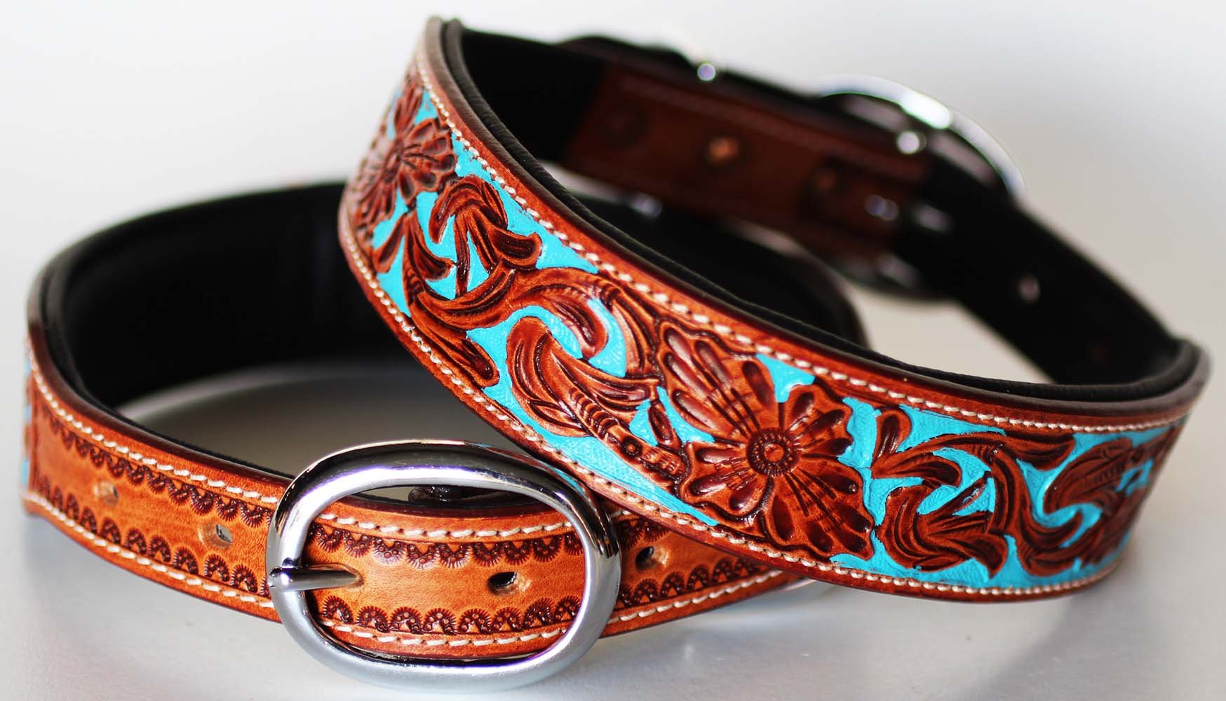 Medium 17''- 21'' Dog Puppy Collar Hand Tooled And Painted Cow Leather Western 6047
