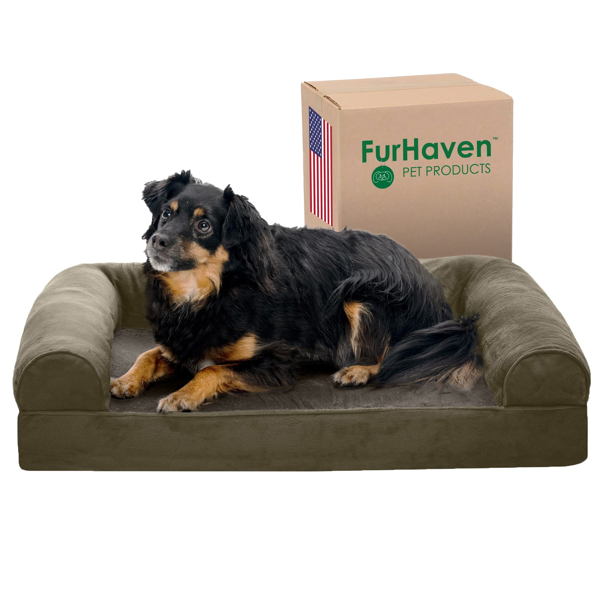 Furhaven Orthopedic Dog Bed For Medium/Small Dogs W/ Removable Bolsters & Washable Cover, For Dogs Up To 35 Lbs - Faux Fur & Velvet Sofa - Dark Sage, Medium