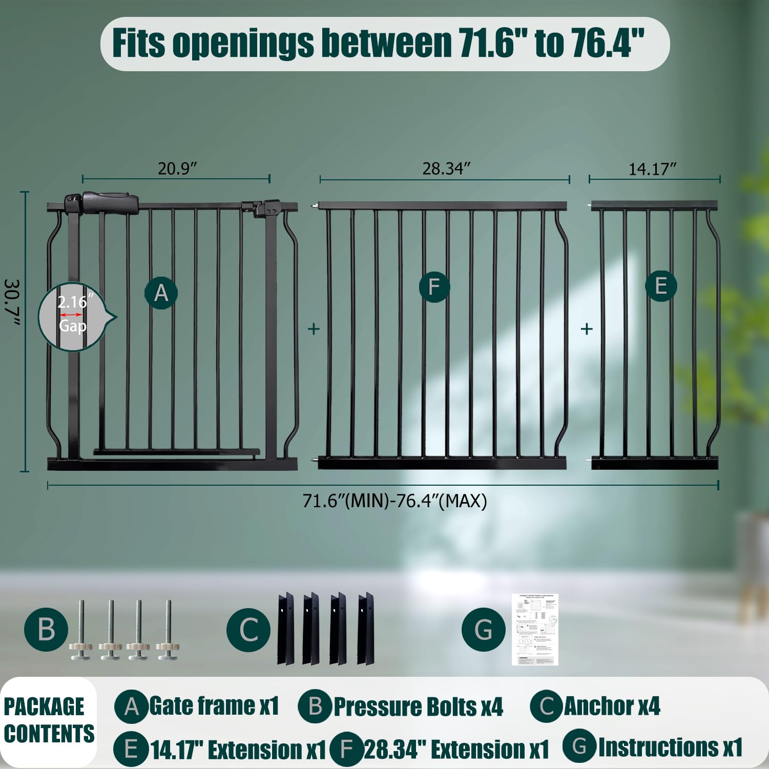Extra Wide Baby Gates - 71.6-76.4 Inch, Black Metal Pressure Mounted Child & Pet Gates for Stairs & Doorways