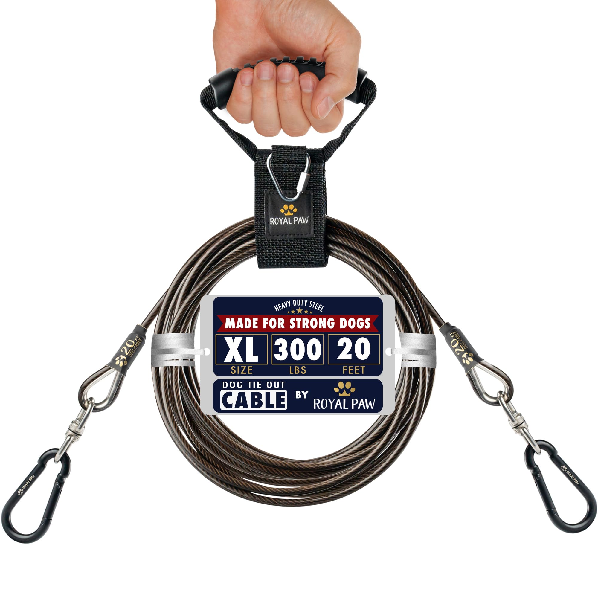 Royal-Paw Dog Tie Out Cable - Tie Out Cable For Dogs (Up To 300 Lbs) - Use Dog Tie-Outs & Stakes For Outside - Best Heavy Duty Dog Leash For Large Dogs (20Ft - Black Onyx)
