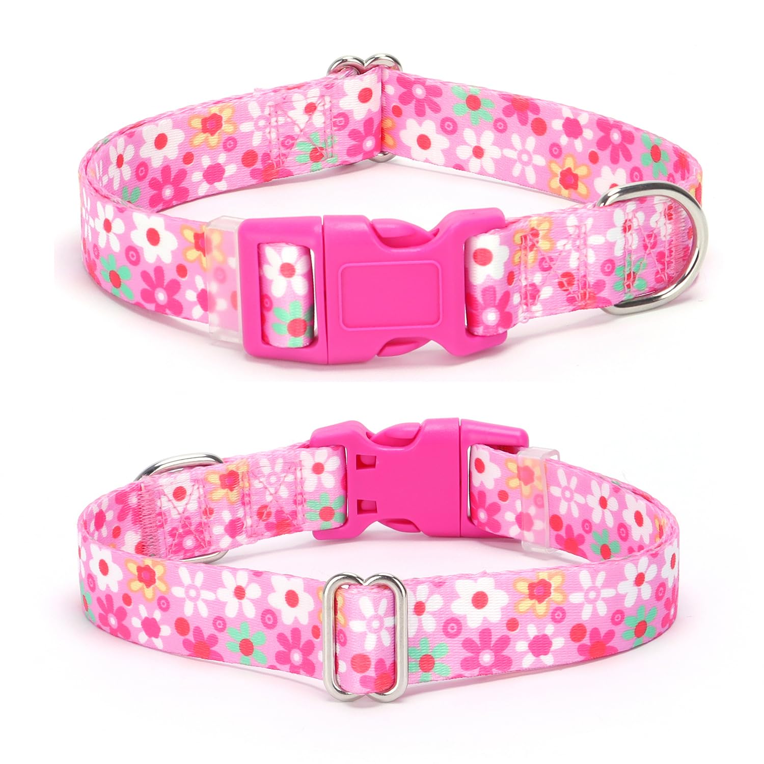 Cute Dog Collars For Female Dogs, Pretty Pink Flower Pattern Design Quick Release Buckle Soft Nylon Puppy Collars Adjustable For