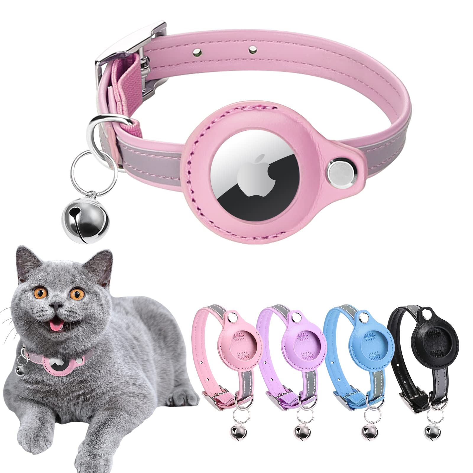Airtag Cat Collar, Cat Collar With Bells, Reflective Gps Cat Collar, Cat Tracker Collar Leather Cat Collar For Cats (Blue-M (Pink, Xs(7.5-10.2'))