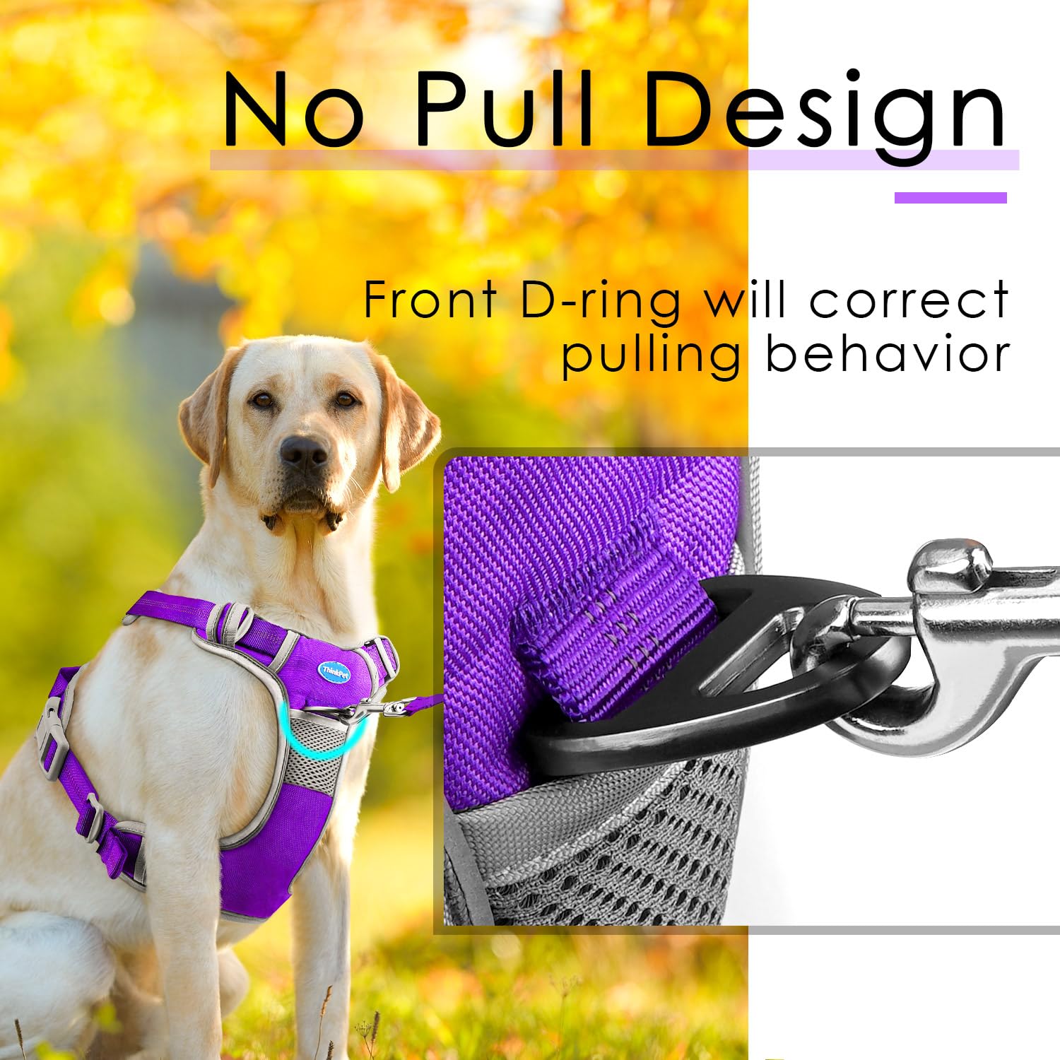 Thinkpet No Pull Harness Breathable Sport Harness With Handle-Dog Harnesses Reflective Adjustable For Medium Large Dogs,Back/Front Clip For Easy Control L Neon Purple