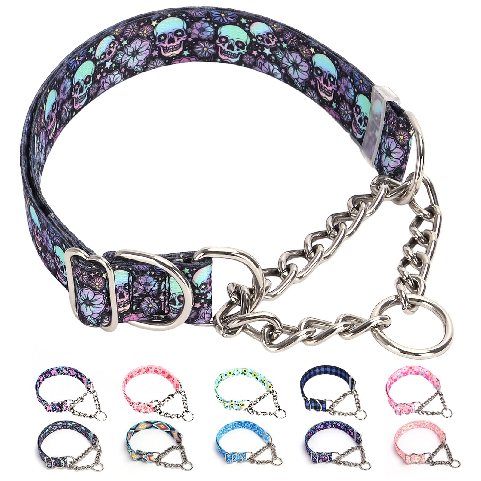 Skull Chain Martingale Collar For Dogs, No Pull Slip Cinch Choker Choke Collar Training Escape Proof Heavy Duty Dog Collar For E