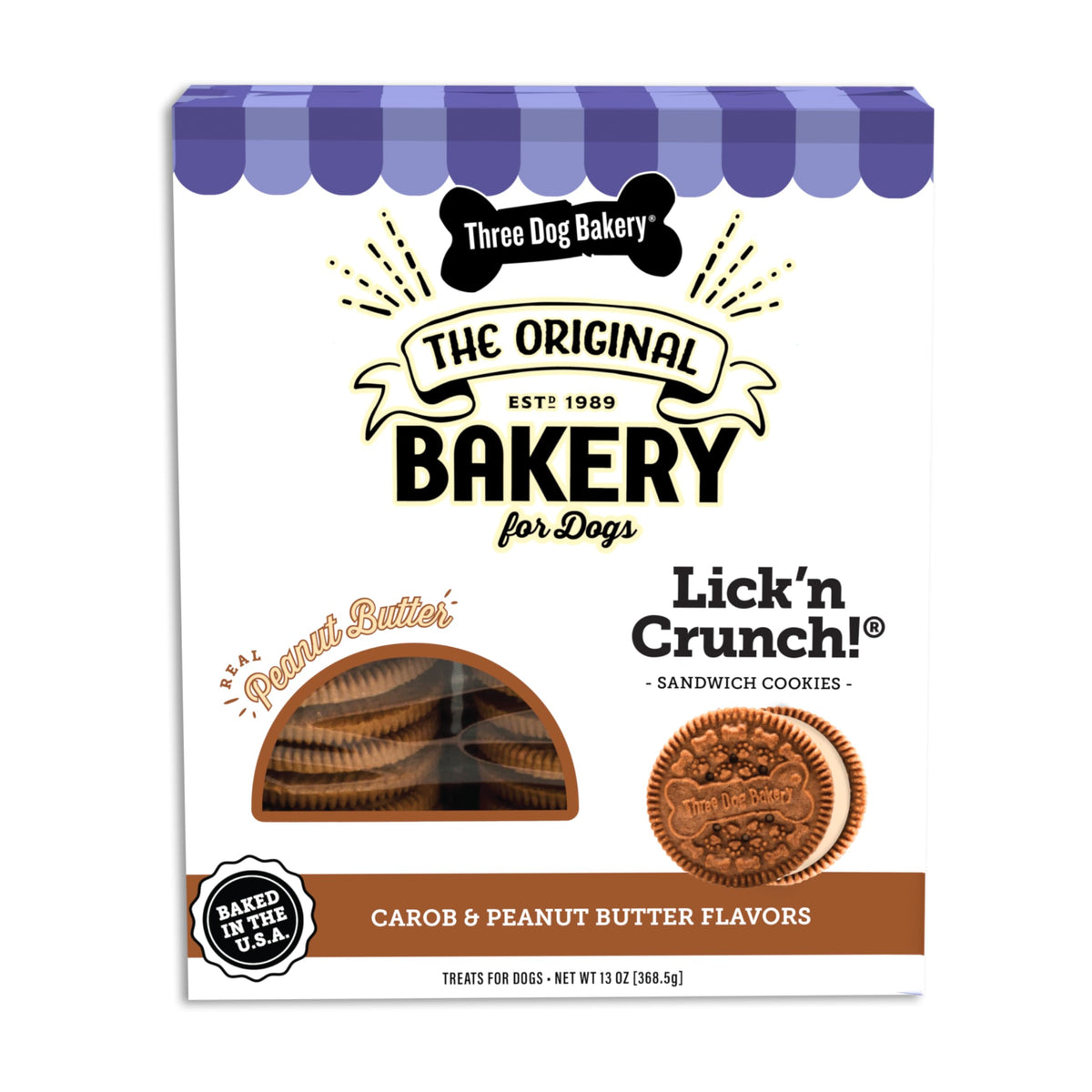 Three Dog Bakery Lick'N Crunch Sandwich Cookies Premium Dog Treats With No Artificial Flavors, Carob And Peanut Butter Flavor, 13 Ounces (Pack Of 1)