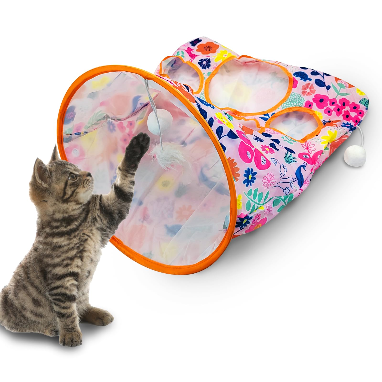 Andiker Cat Tunnel Bags For Indoor Cats, 13X17X12In Foldable Cat Crinkle Bag With 3 White Plush Balls And 1 Mouse 5 Holes For Ki