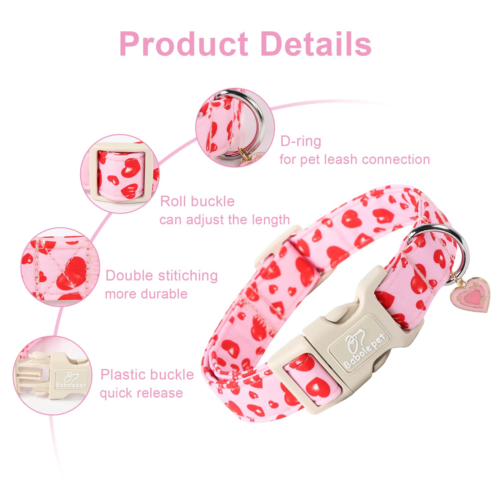 Babole Pet Valentines Dog Collar, Cute Pink Dog Collar with Red Heart Printed, Comfortable Girl Puppy Collar with Quick Release