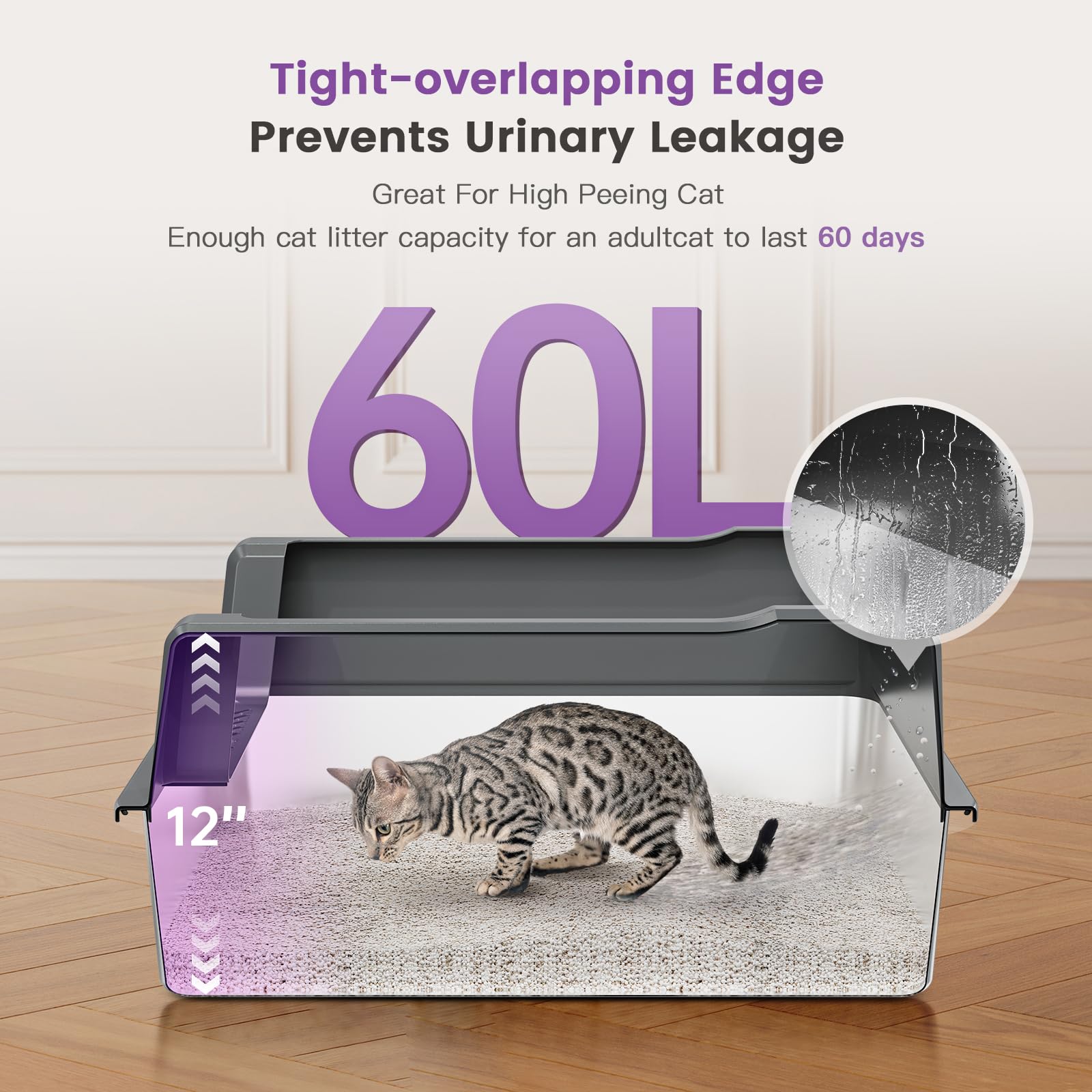 Pematar Extra Large Stainless Steel Cat Litter Box with Lid, 26"x18"x12", Dark Gray, Anti-Leakage, Easy Cleaning, Model MTCDH002-GREY