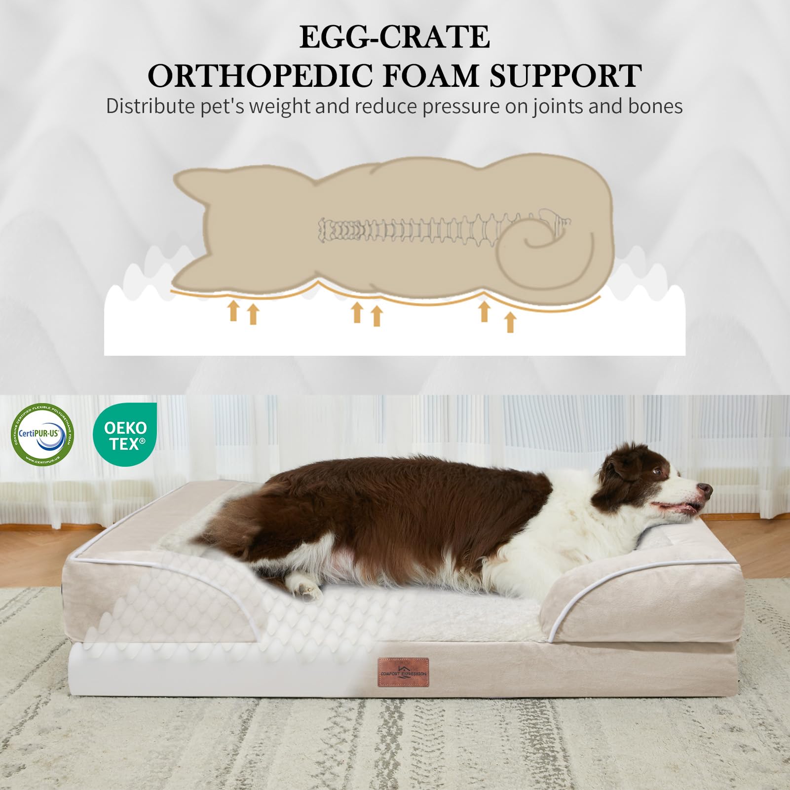 Comfort Expression Xxl Dog Bed Waterproof, Extra Large Dog Beds Orthopedic Foam, Washable Dog Sofa Bed Pet Bed With Removable Cover & Non-Slip Bottom(Xx-Large,Beige)