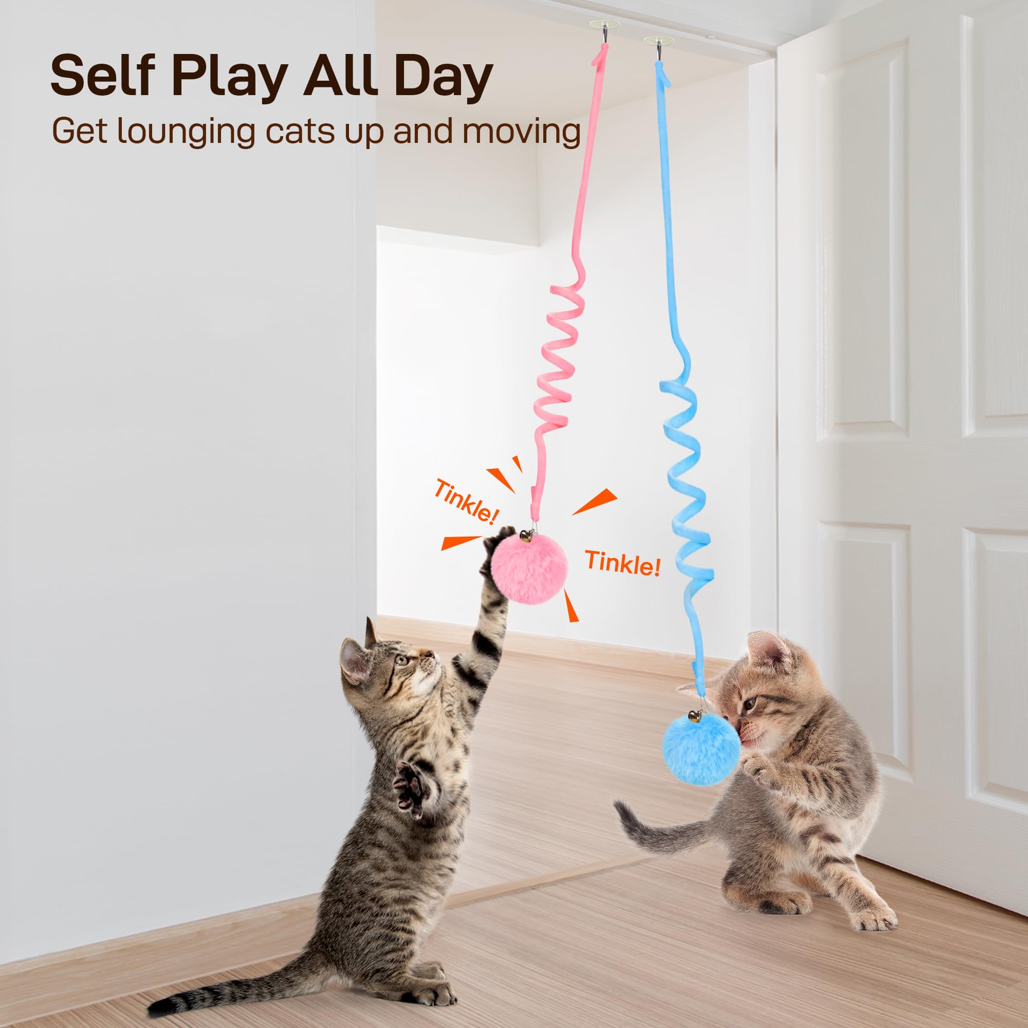 Potaroma Hanging Fluffy Cat Catnip Ball Toys 3 Pcs With Bell, Interactive Cat Teaser Retractable Toys Indoor Kitten Play Chase E