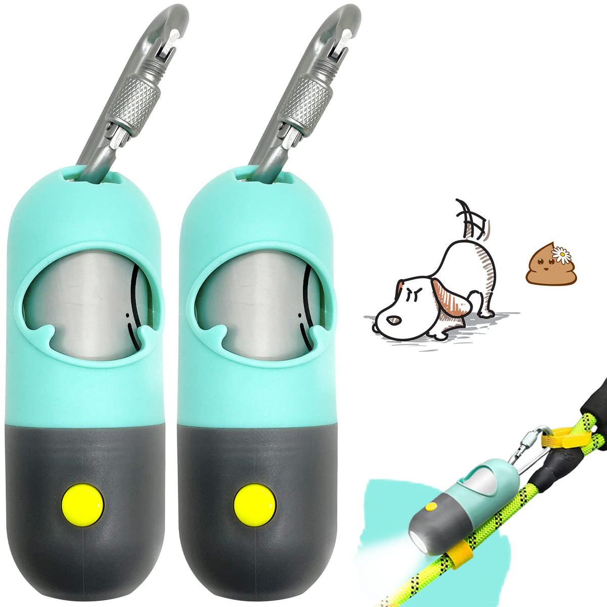 Dog Poop Waste Bags Holder With Led Flashlight|Cute Doggie Poo Bags Dispenser For Pet Leash|Trash Waste Bags Carrier With Potty Bags Clip Fastener Lr44 Button Cells Included(2 Pack) (Mint Green)