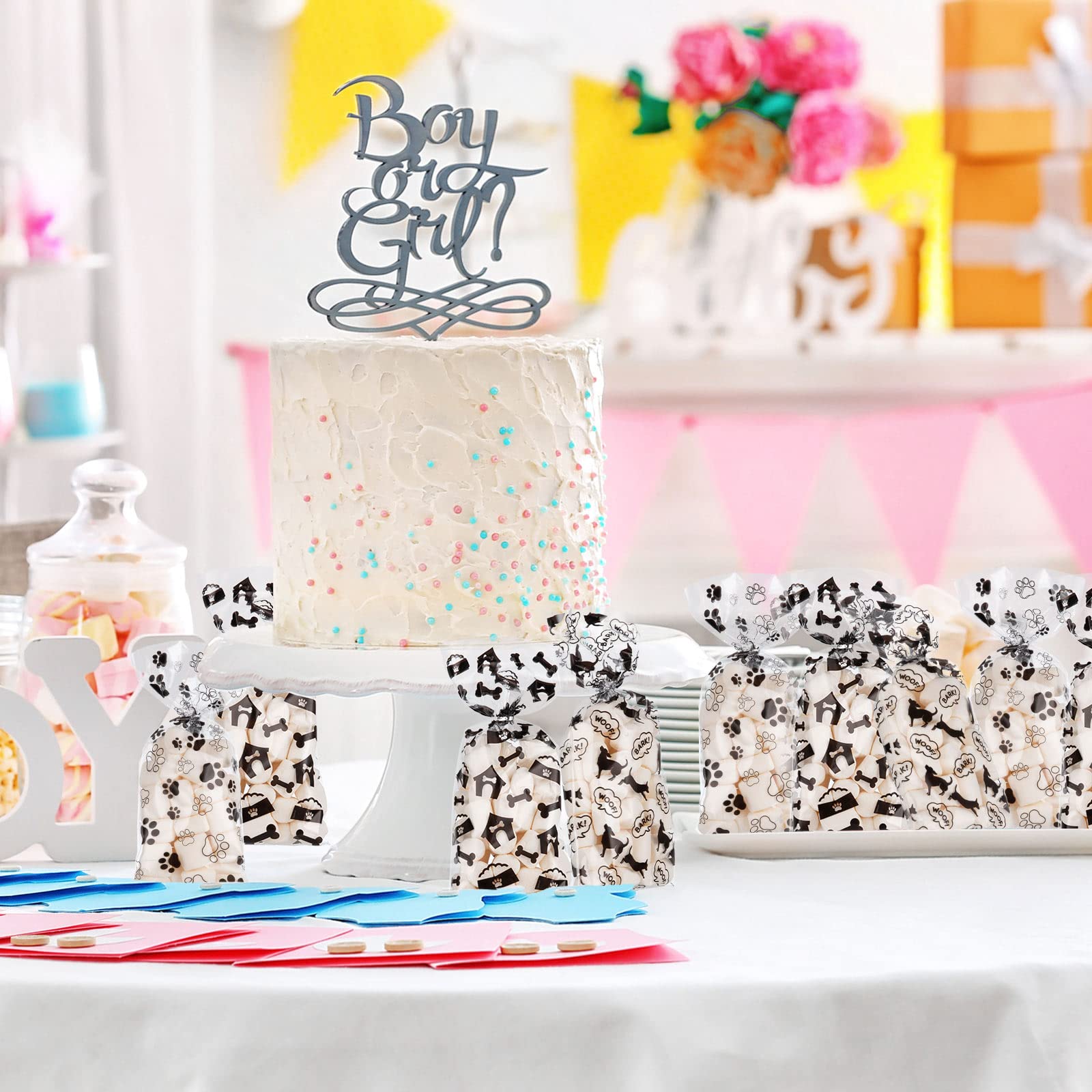 Whaline 150Pcs Dog Paw Cellophane Bags with 150Pcs Twist Ties Pet Paw Bone Print Cello Bags Clear Goodie Treat Bags Pet Theme Pa
