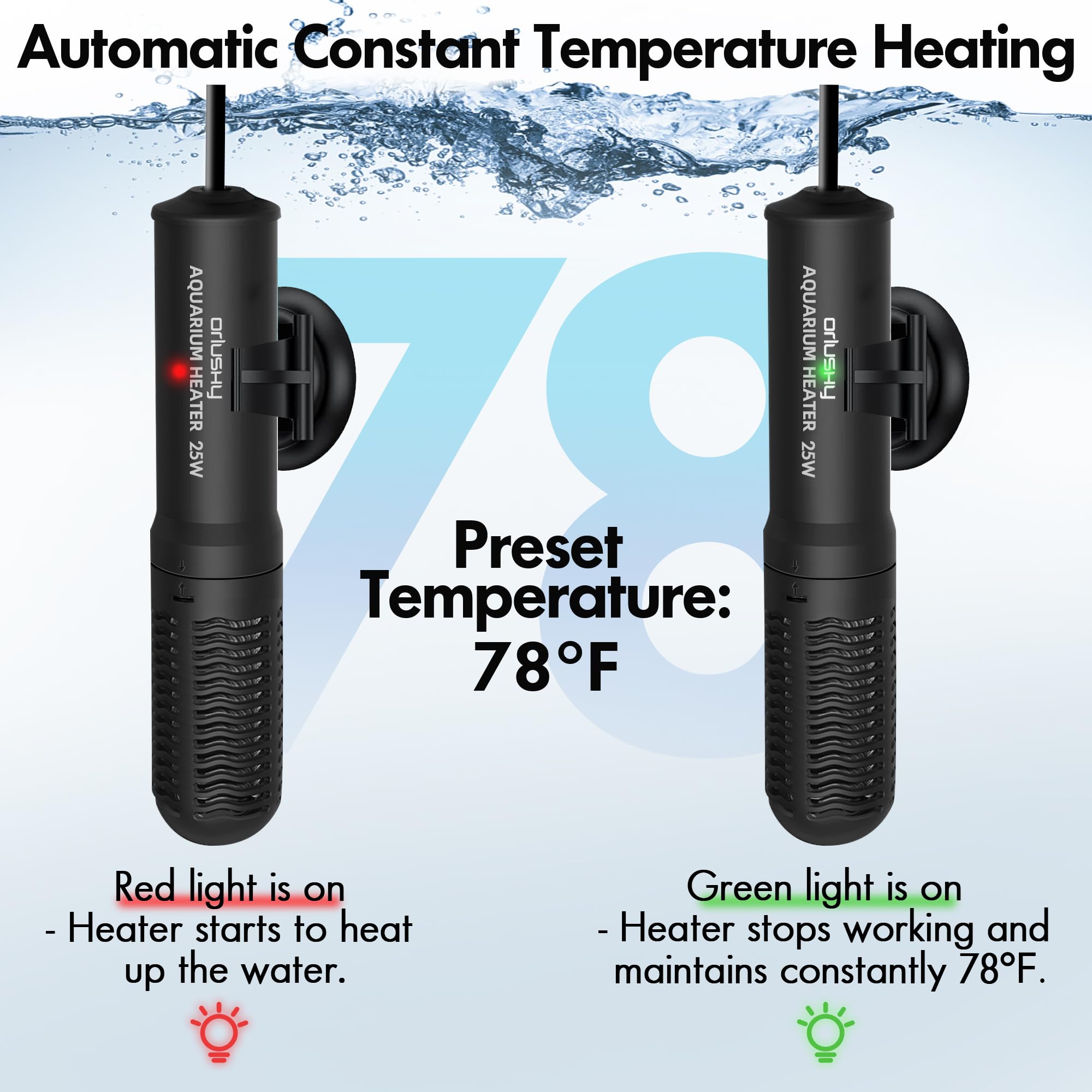 Orlushy 25W Small Submersible Aquarium Heater, Constant Temperature Betta Fish Tank Heater Of 78?For 1-6 Gallons Freshwater & Saltwater Tanks