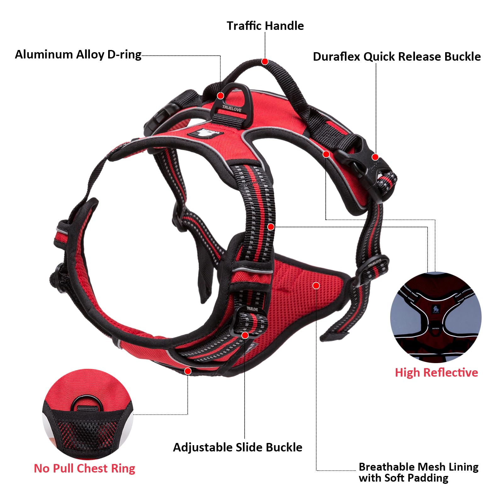 True Love Adjustable No-Pull Dog Harness Reflective Pup Vest Harnesses Comfortable Control Brilliant Colors Truelove Tlh5651(Red