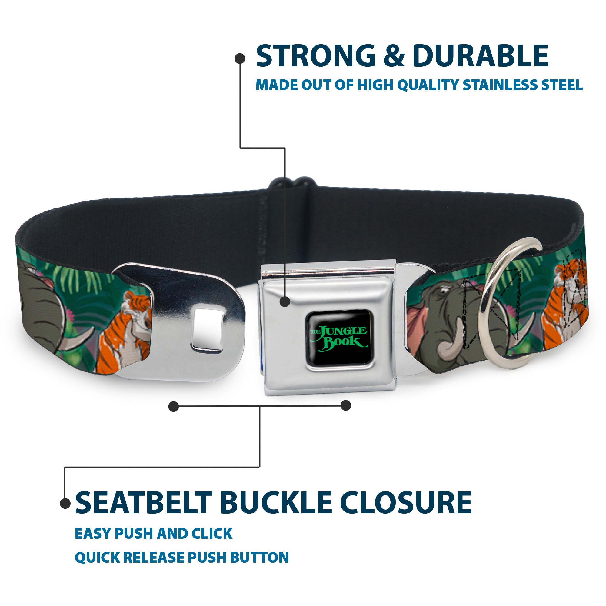 Buckle-Down Dog Collar Seatbelt Buckle The Jungle Book 8 Character Group Greens, Multicolor, 1.5'' Wide - Fits 18-32'' Neck - La