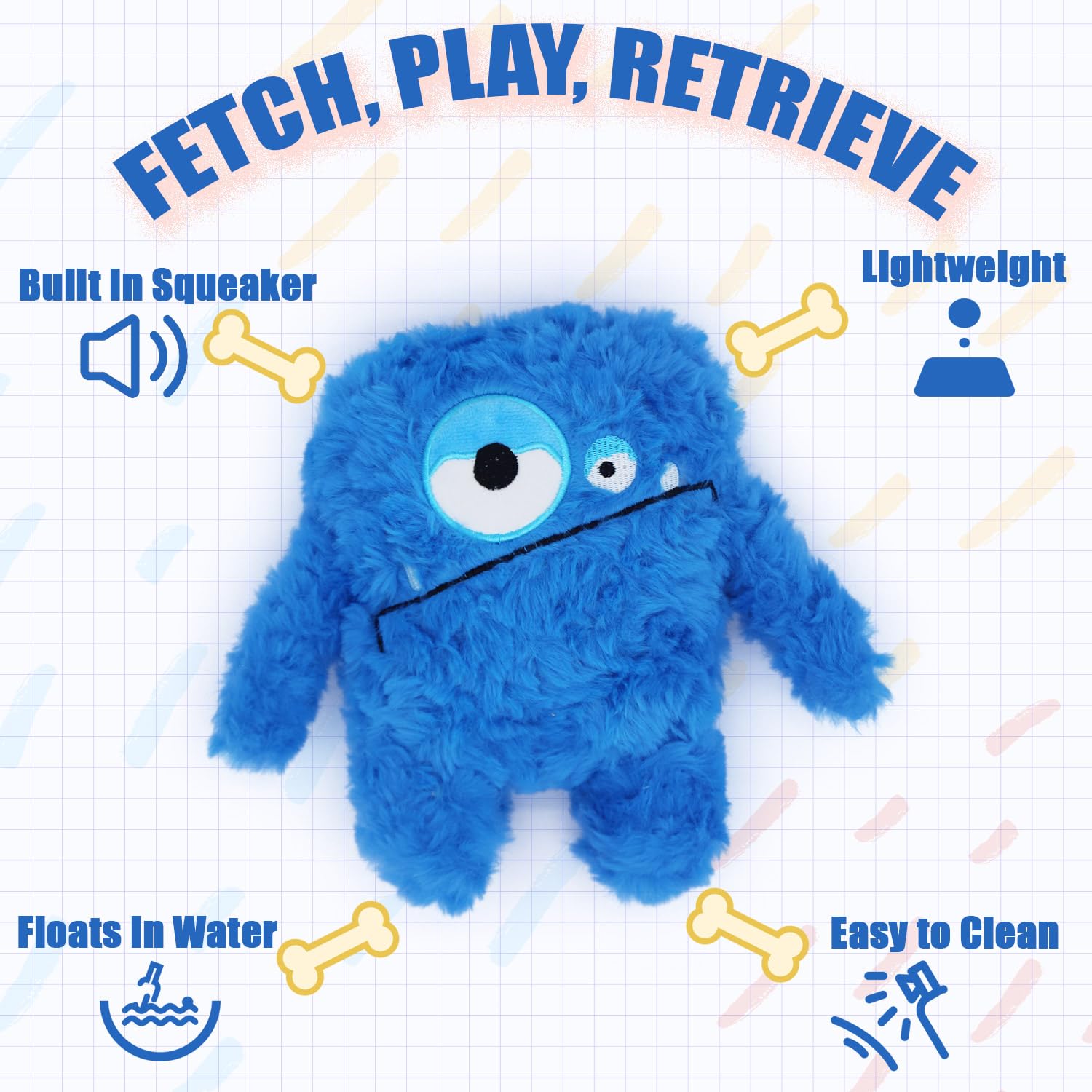 HUGEME Plush Squeaky Dog Toy - Crinkle Chew Toy for Small to Large Dogs, Blue, Model Mon-1-1