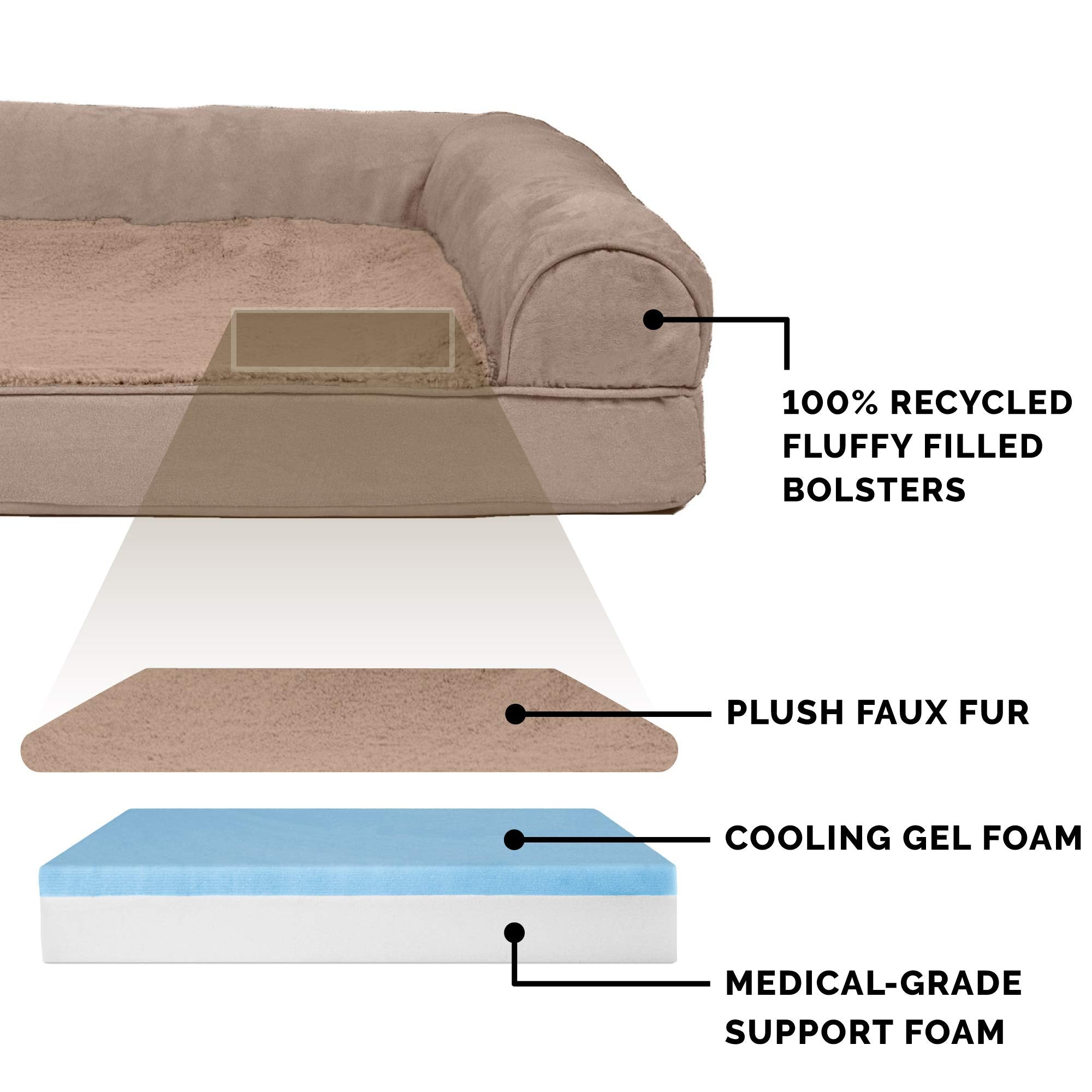Furhaven Cooling Gel Dog Bed for Large Dogs w/ Removable Bolsters & Washable Cover, For Dogs Up to 125 lbs - Plush & Suede Sofa