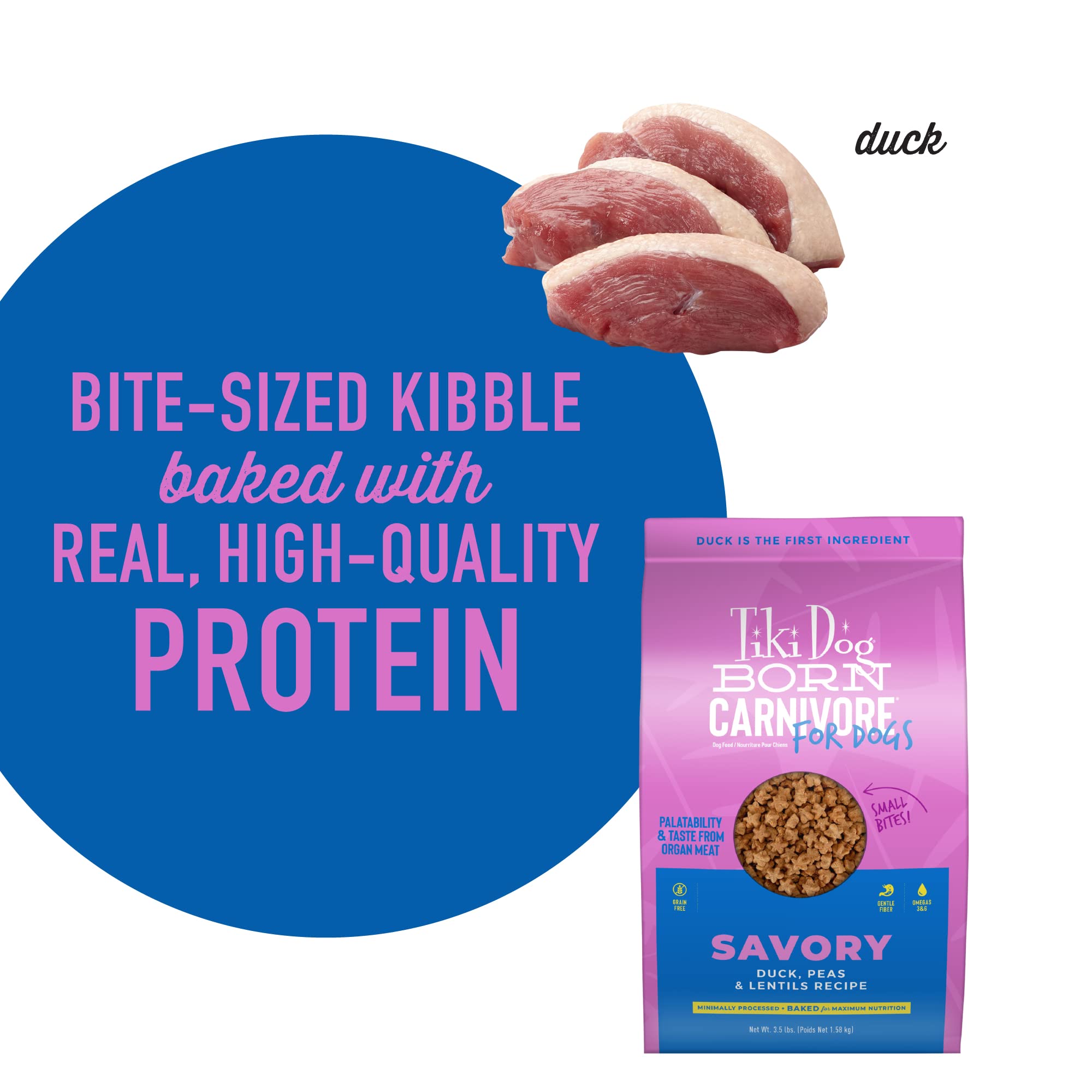 Tiki Dog Born Carnivore for Dogs, Savory Duck, Peas & Lentils Recipe, Grain Free Baked Kibble for Maximum Nutrition, For Adult D