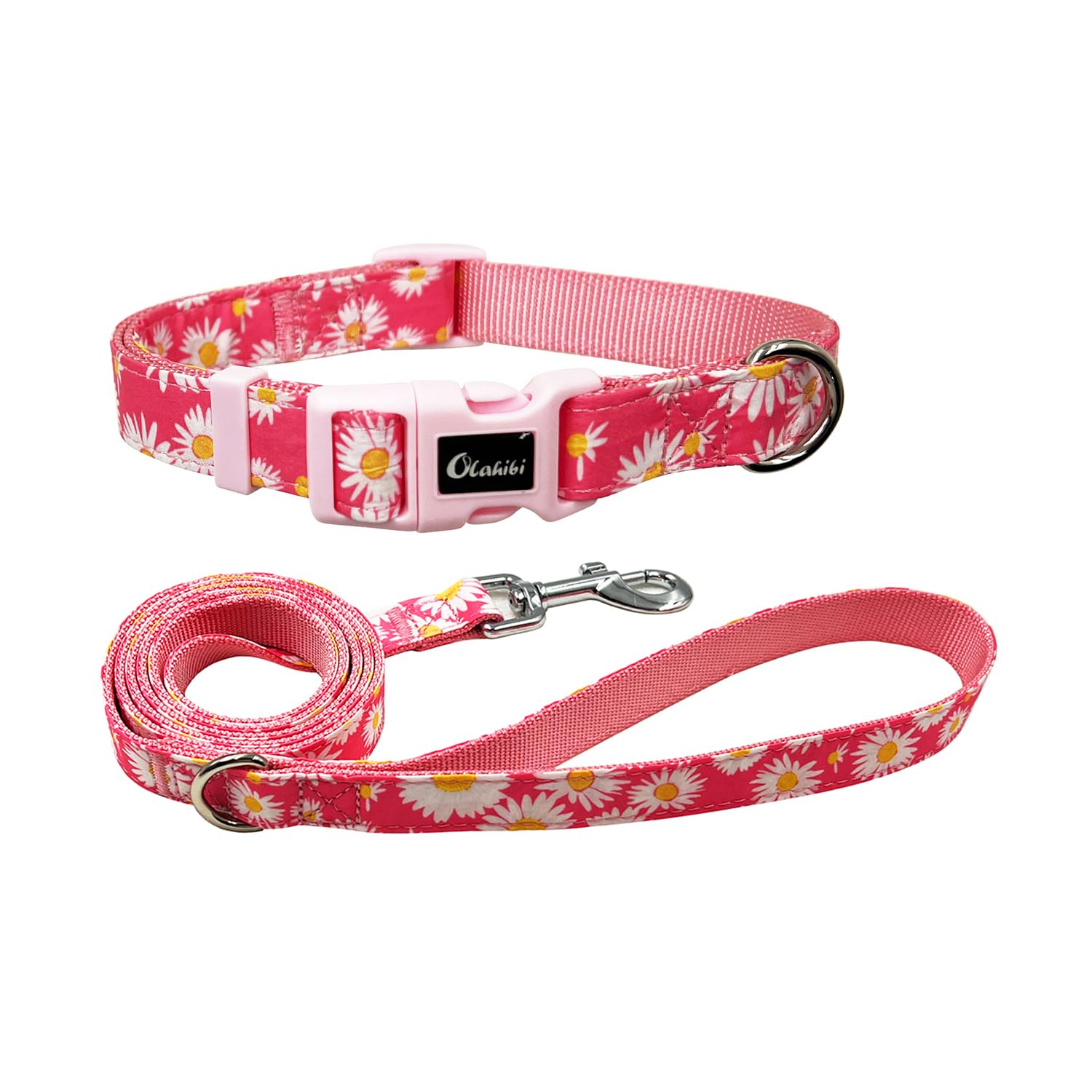Olahibi Dog Collar Leash Set, Floral Pattern, Nylon Webbing Plus Cotton Ribbon, 5Ft Matching Leash, For Small Dogs.(S, Pink Dais