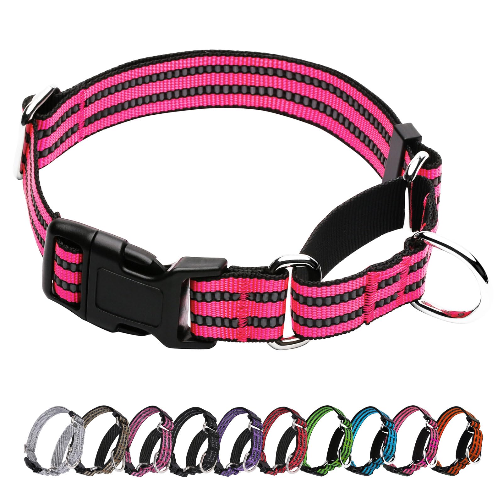 Joyeeiioo Martingale Dog Collar, Adjustable Nylon Reflective Collar With Quick Release Buckle (Hot Pink, Large)