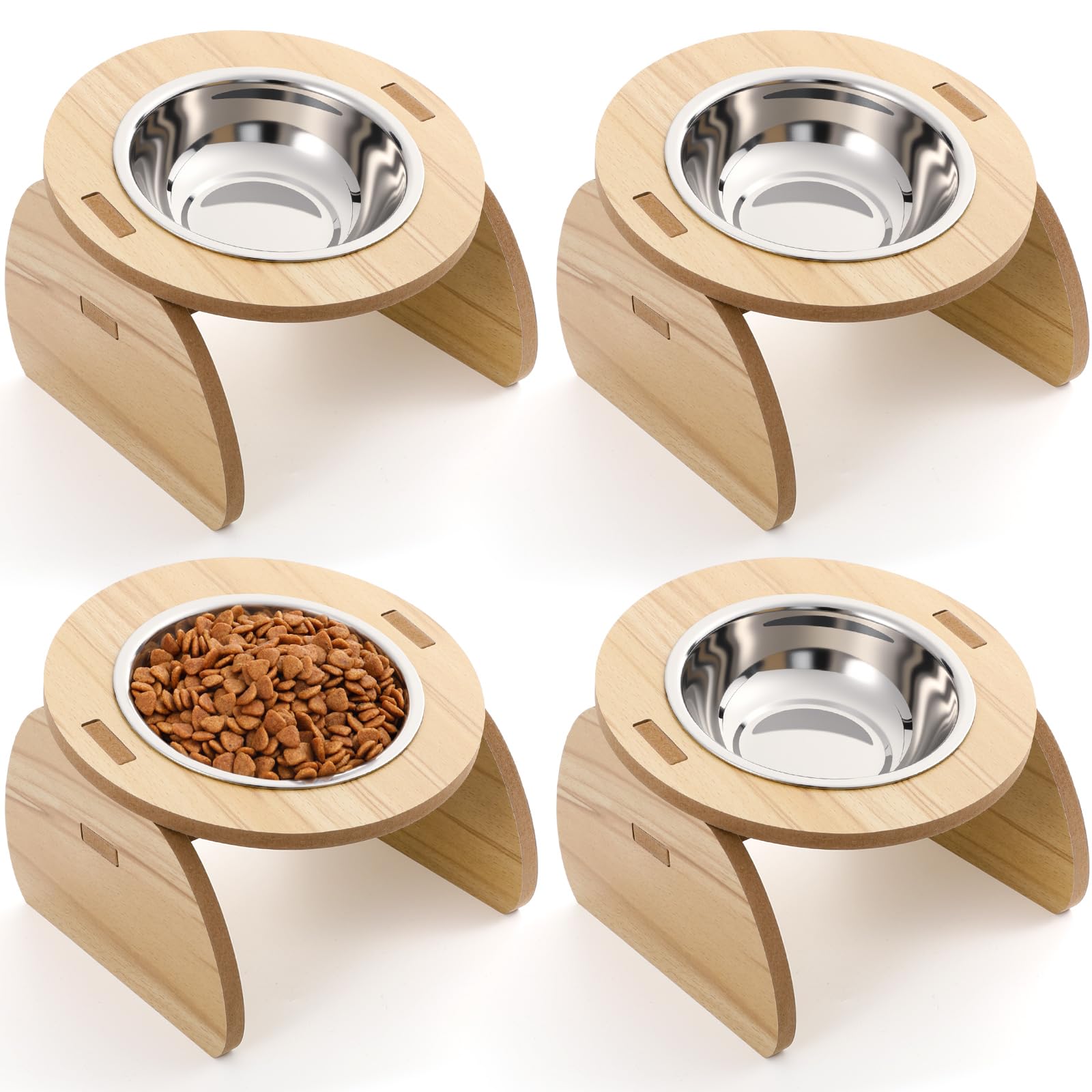 Blushtier 4 Pcs Elevated Stainless Steel Cat Bowls Bamboo Cats Feeding Station Stand, 15Tilted 5.7 Inches Shallow Wide Raised Me