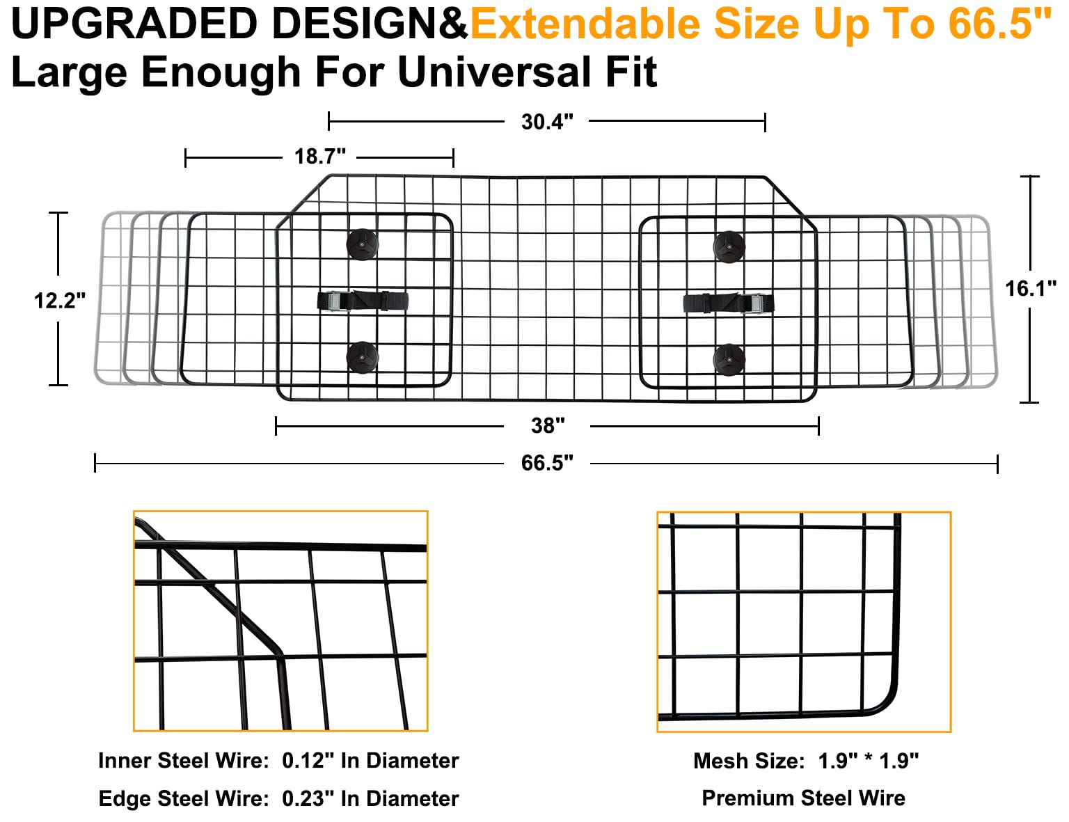 Noamoo 38-66.5 Inches Dog Car Barrier For Suvs, Van, Vehicles, Adjustable Large Pet Barriers, Universal Fit Heavy-Duty Wire Mesh