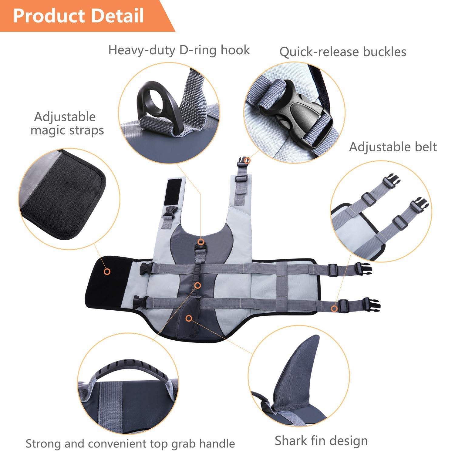 Asenku Dog Life Jacket Pet Life Safety Vest For Swimming Boating, Dog Shark Life Jackets Dog Lifesavers Swimsuits For Pool, Dog Water Floatation Vest For Small Medium Large Dogs, Gray, Medium