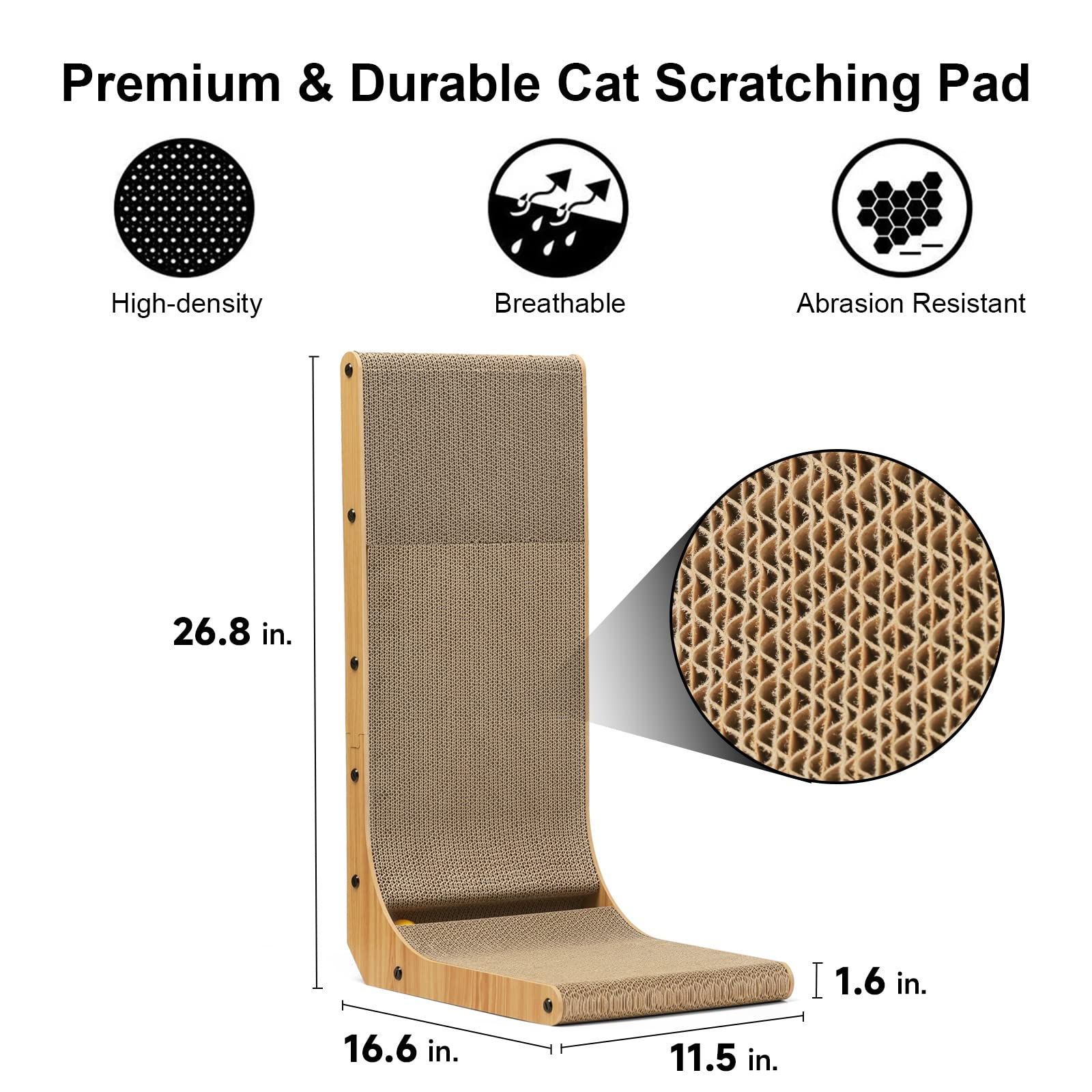 Fukumaru Cat Scratcher, 26.8 Inch L Shape Cat Scratch Pad Wall Mounted, Cat Scratching Cardboard With Ball Toy For Indoor Cats,