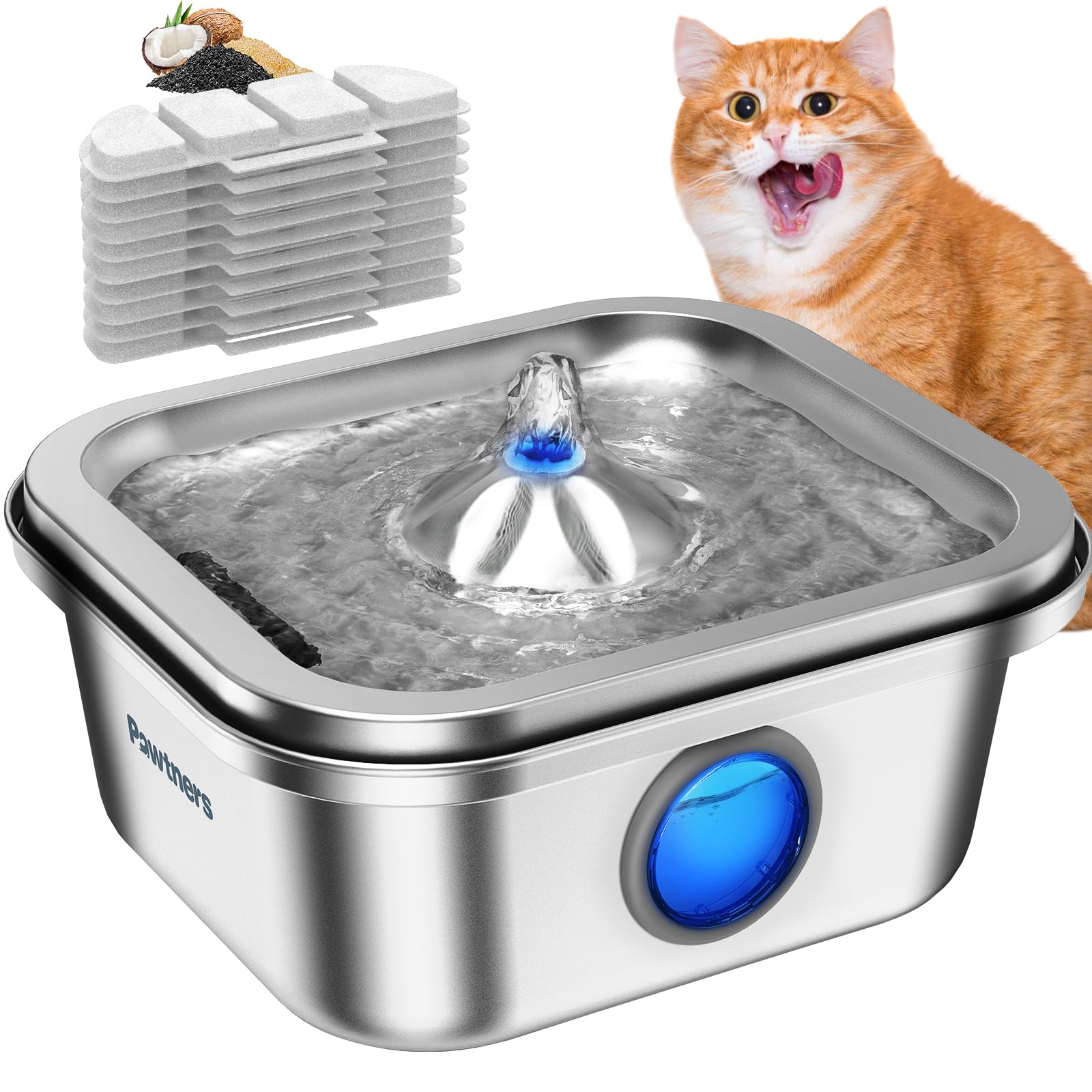 Cat Water Fountain Stainless Steel, 4L/135Oz Cat Fountain, Automatic Dog Drinking Dispenser With Water Level Window, 10 Filters,