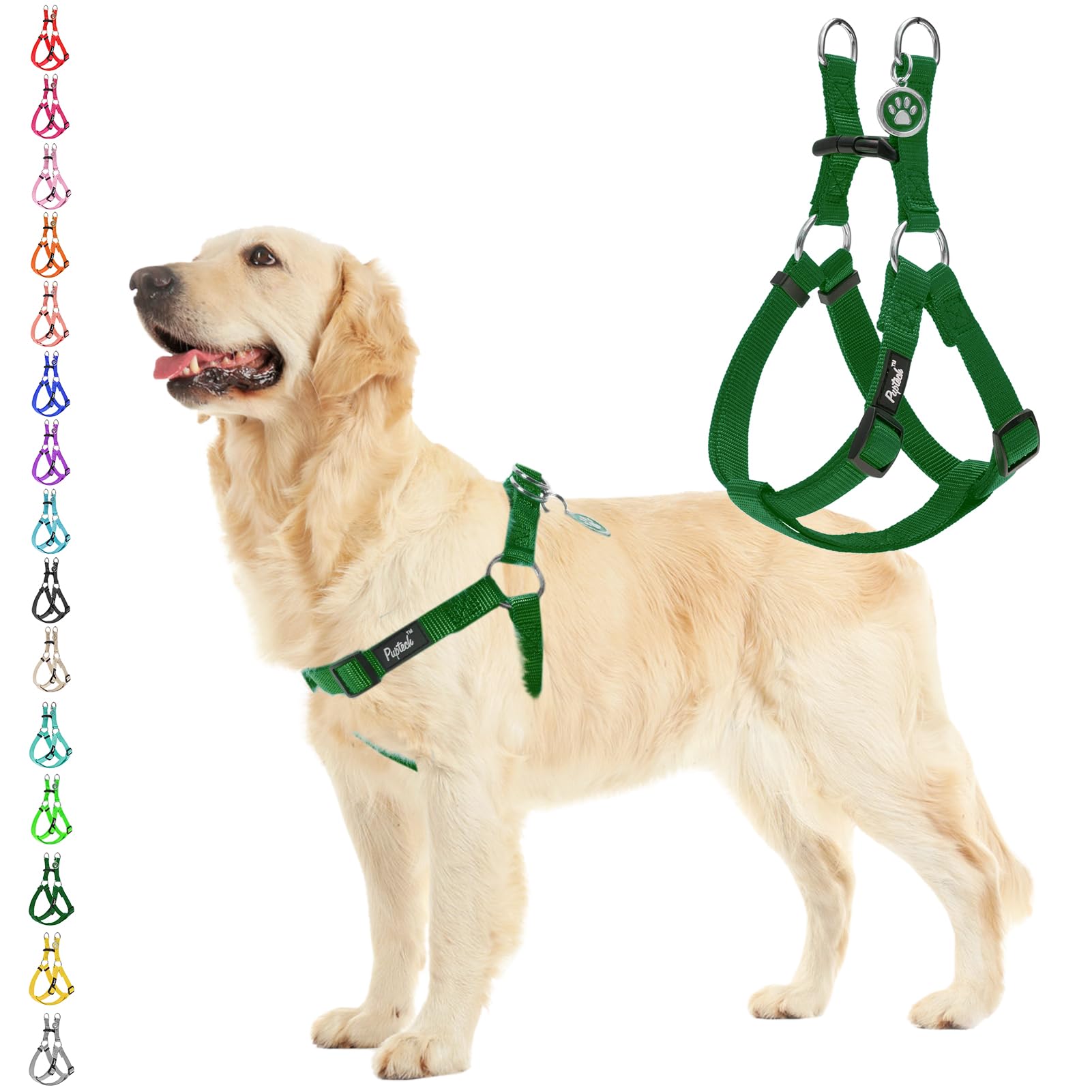 Pupteck No Pull Dog Harness Soft Adjustable Basic Nylon Step In Puppy Vest Outdoor Walking With Id Tag, Blackish Green, M