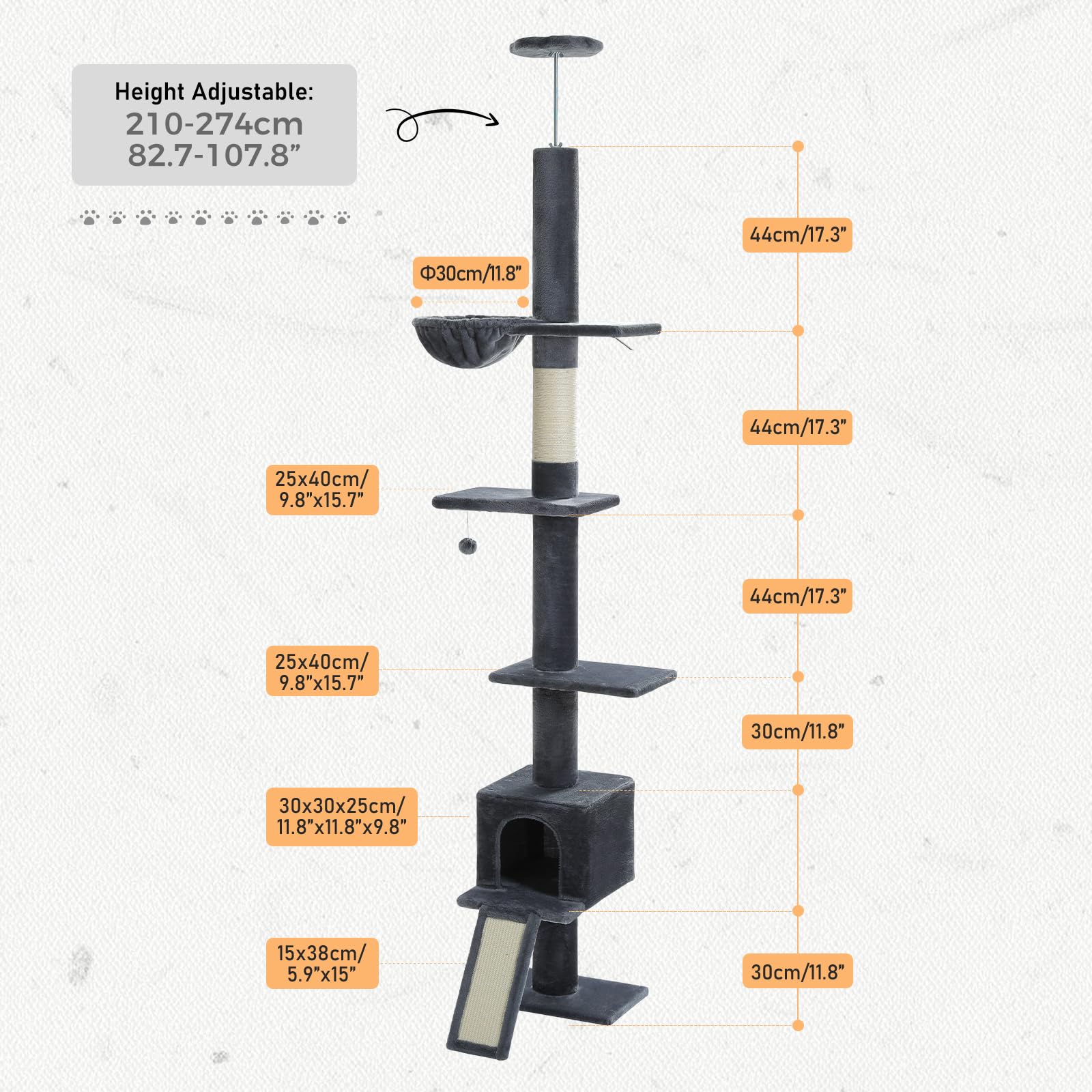 Petepela Floor To Ceiling Cat Tree, Cat Tower 5 Tiers Tall (83-108 Inches) Adjustable Height, Cat Climbing Tree Featuring With C