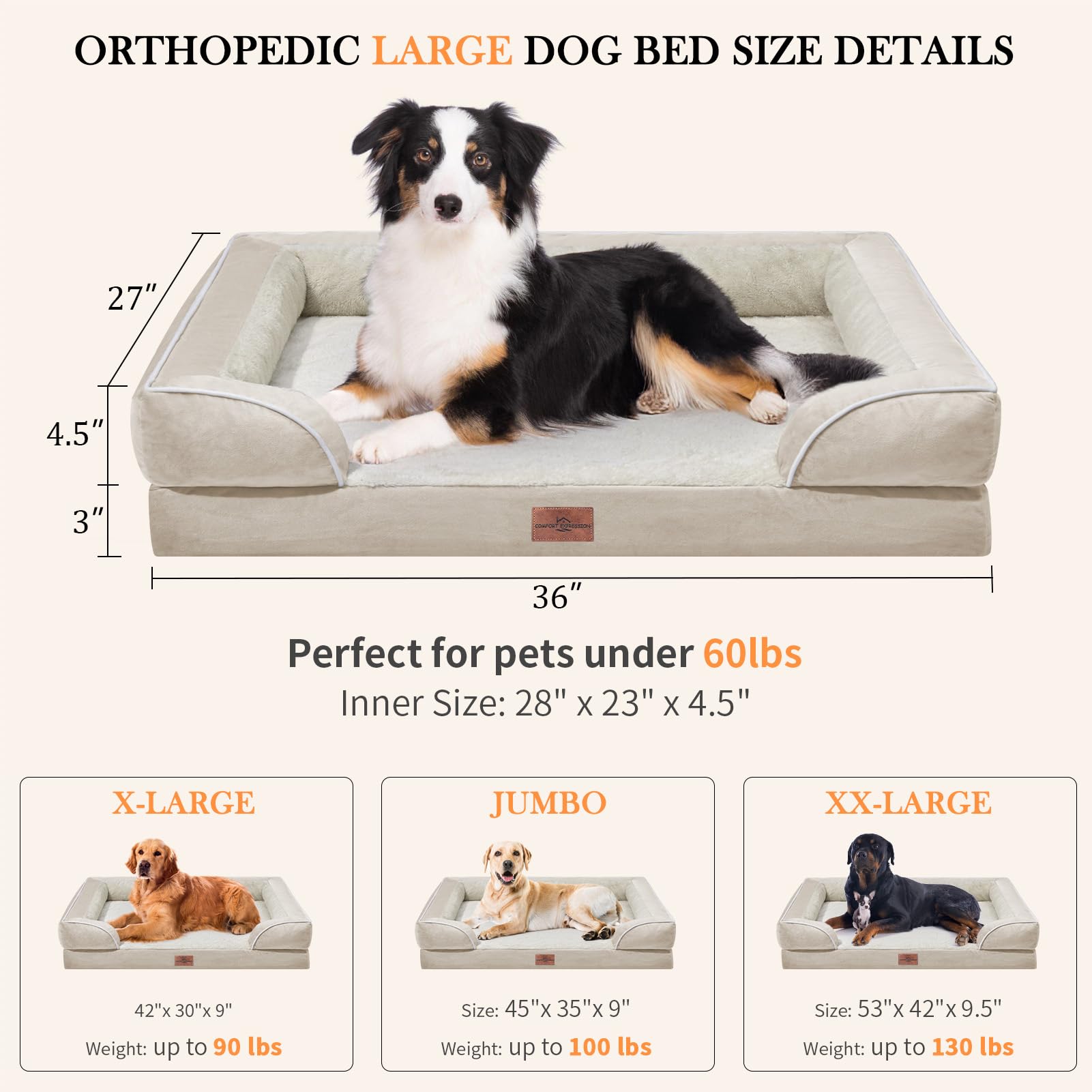 Comfort Expression Waterproof Large Dog Beds Orthopedic Foam Dog Beds For Large Dogs Sofa Comfy Pet Bed With Washable Removable Cover & Non-Slip Bottom(Large,Dark Grey)