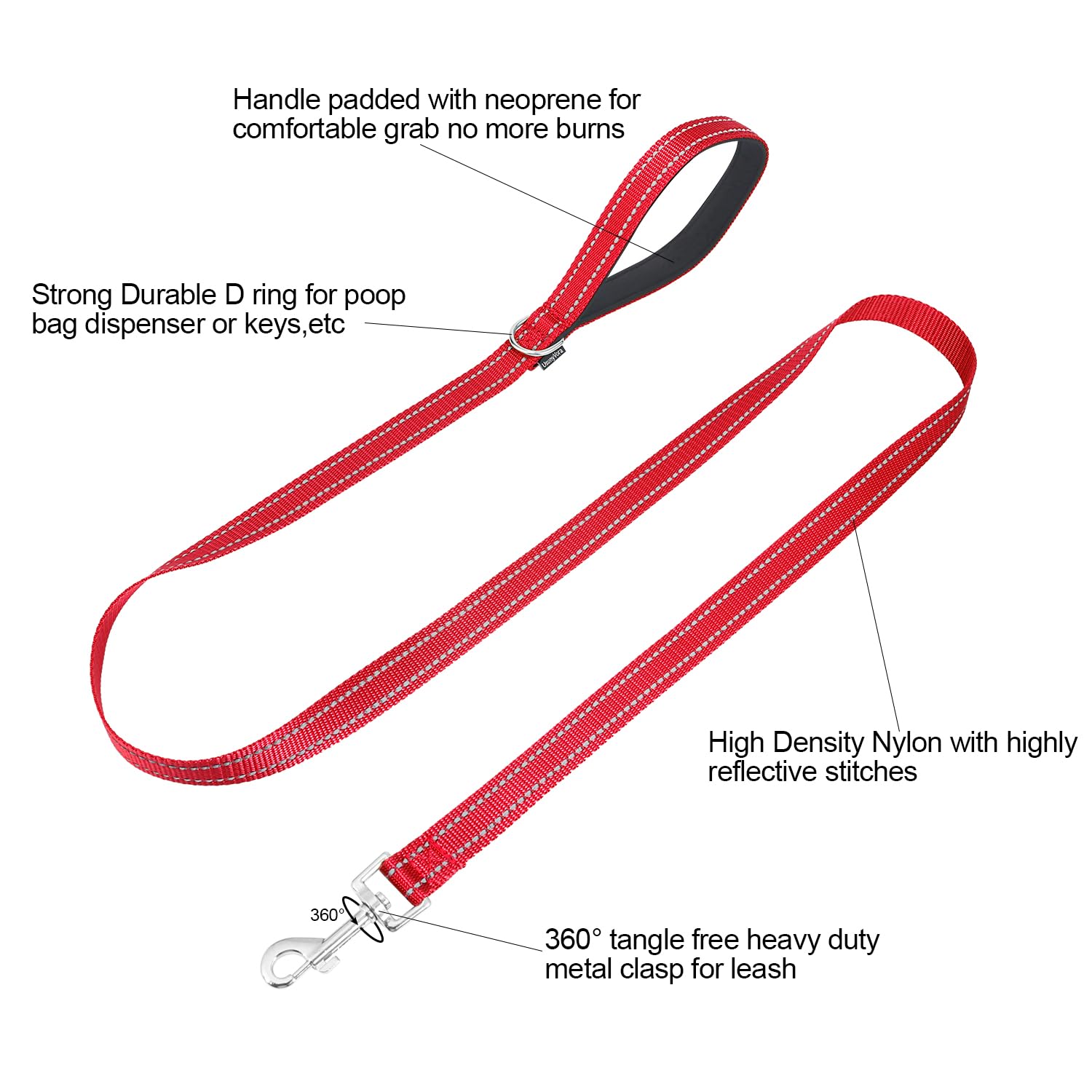 Usunyvora Reflective Nylon Dog Leash For Walking,Strong Dog Leash With Padded Handle For Medium And Large Dogs,5 Ft,Red